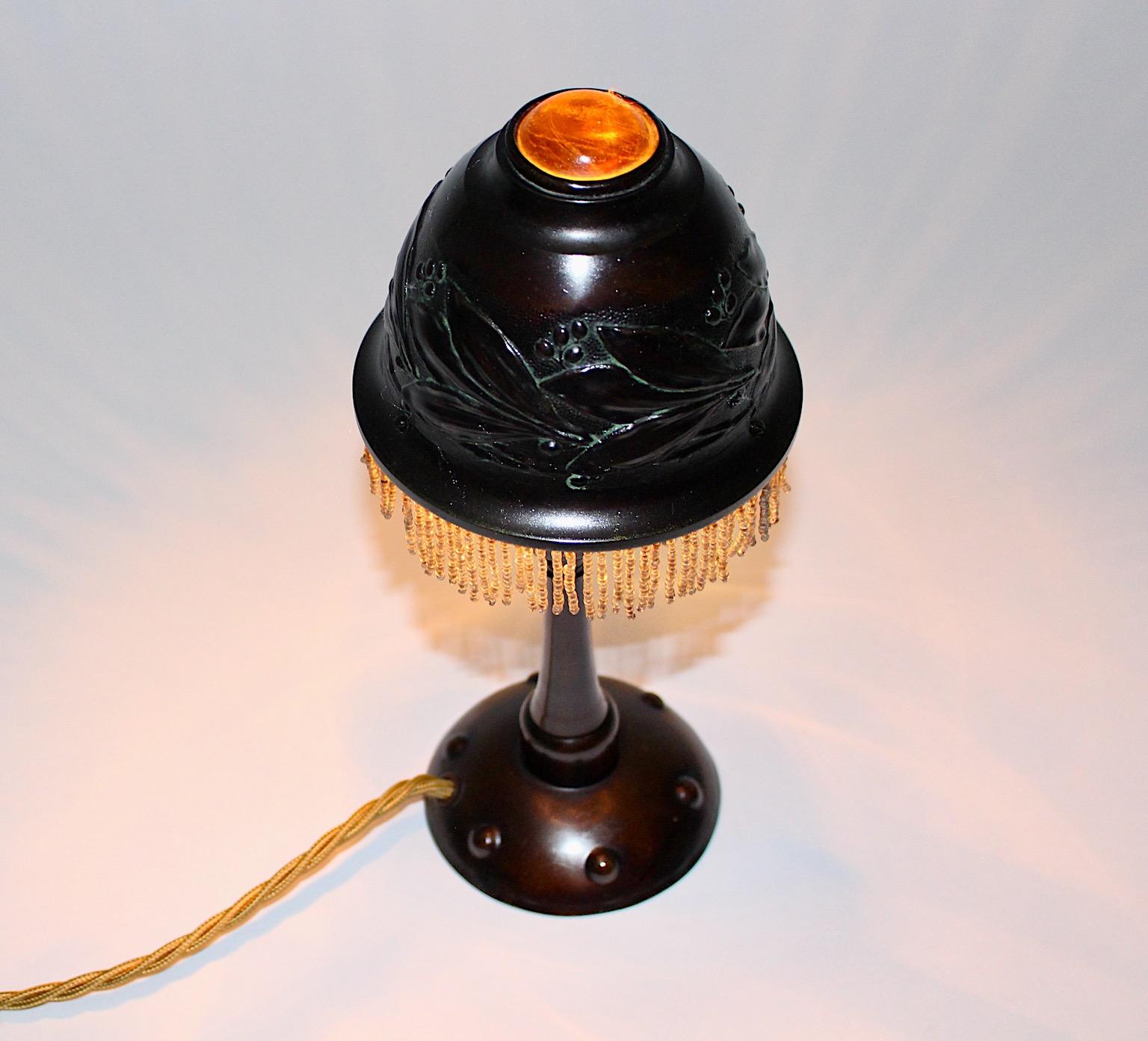 Art Nouveau Vintage Burnished Metal Amber Table Lamp Bedside Lamp c 1910 France In Good Condition For Sale In Vienna, AT