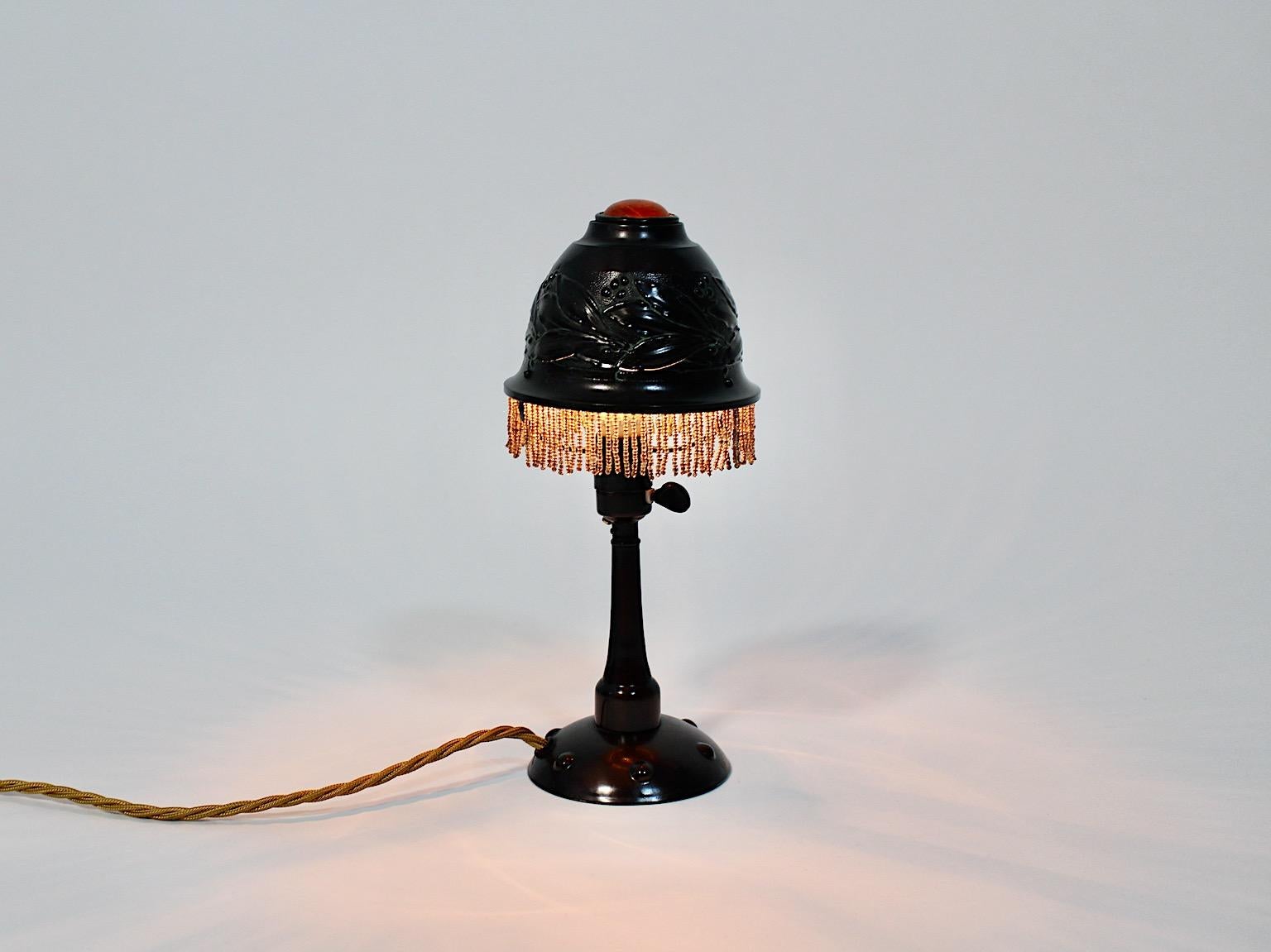 Early 20th Century Art Nouveau Vintage Burnished Metal Amber Table Lamp Bedside Lamp c 1910 France For Sale