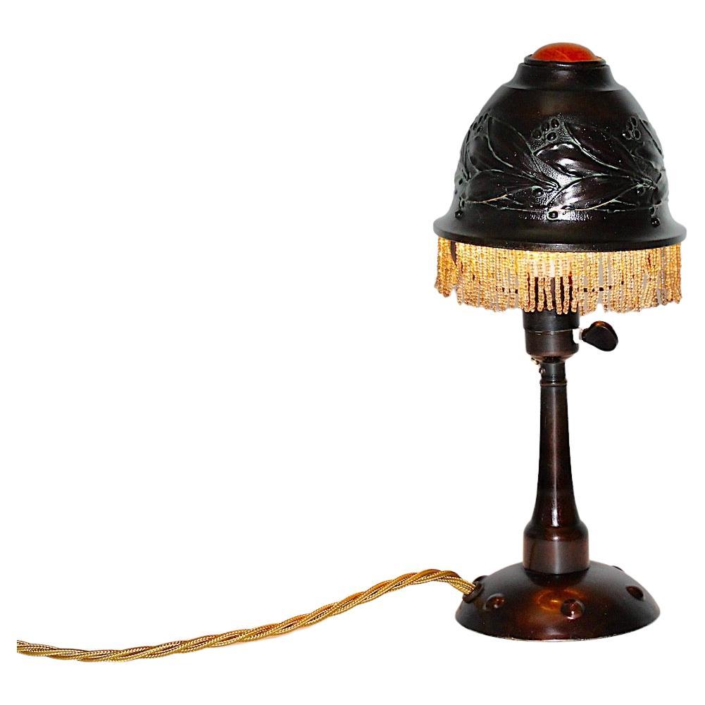 Art Nouveau Vintage Burnished Metal Amber Table Lamp Bedside Lamp c 1910 France For Sale