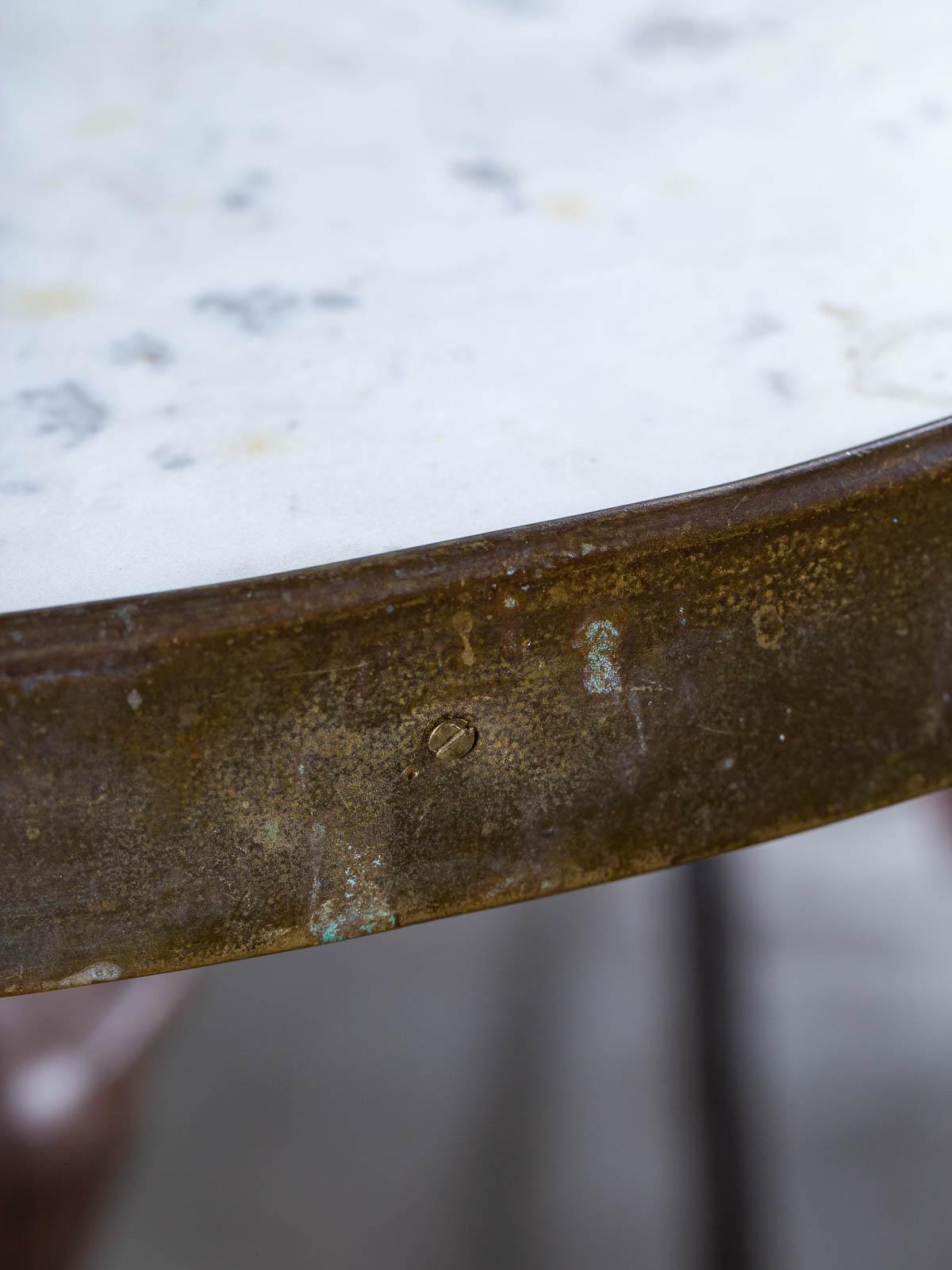 Art Nouveau Vintage French Iron Brass Marble Top Bistro Table, circa 1900 im Zustand „Gut“ in Houston, TX