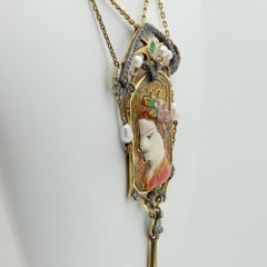 Art Nouveau Vintage Necklace Enamel Diamonds Pearls and Emerald 18k Gold 1930's