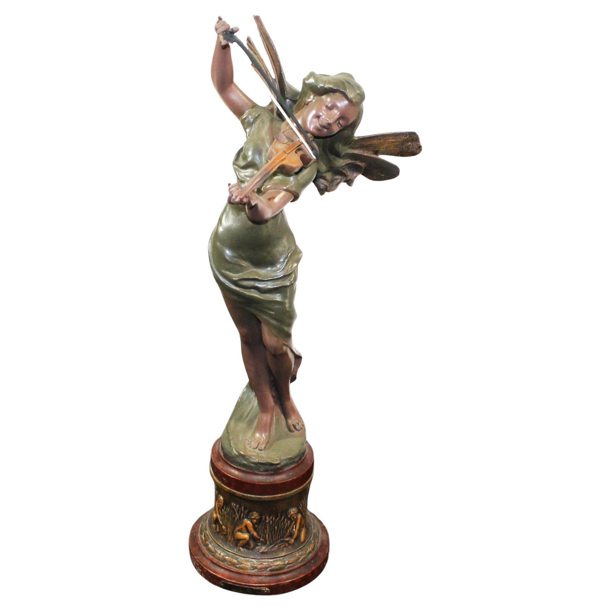 Sculpture Vintage By , Jeune fille au violon , d
après A. Moreau