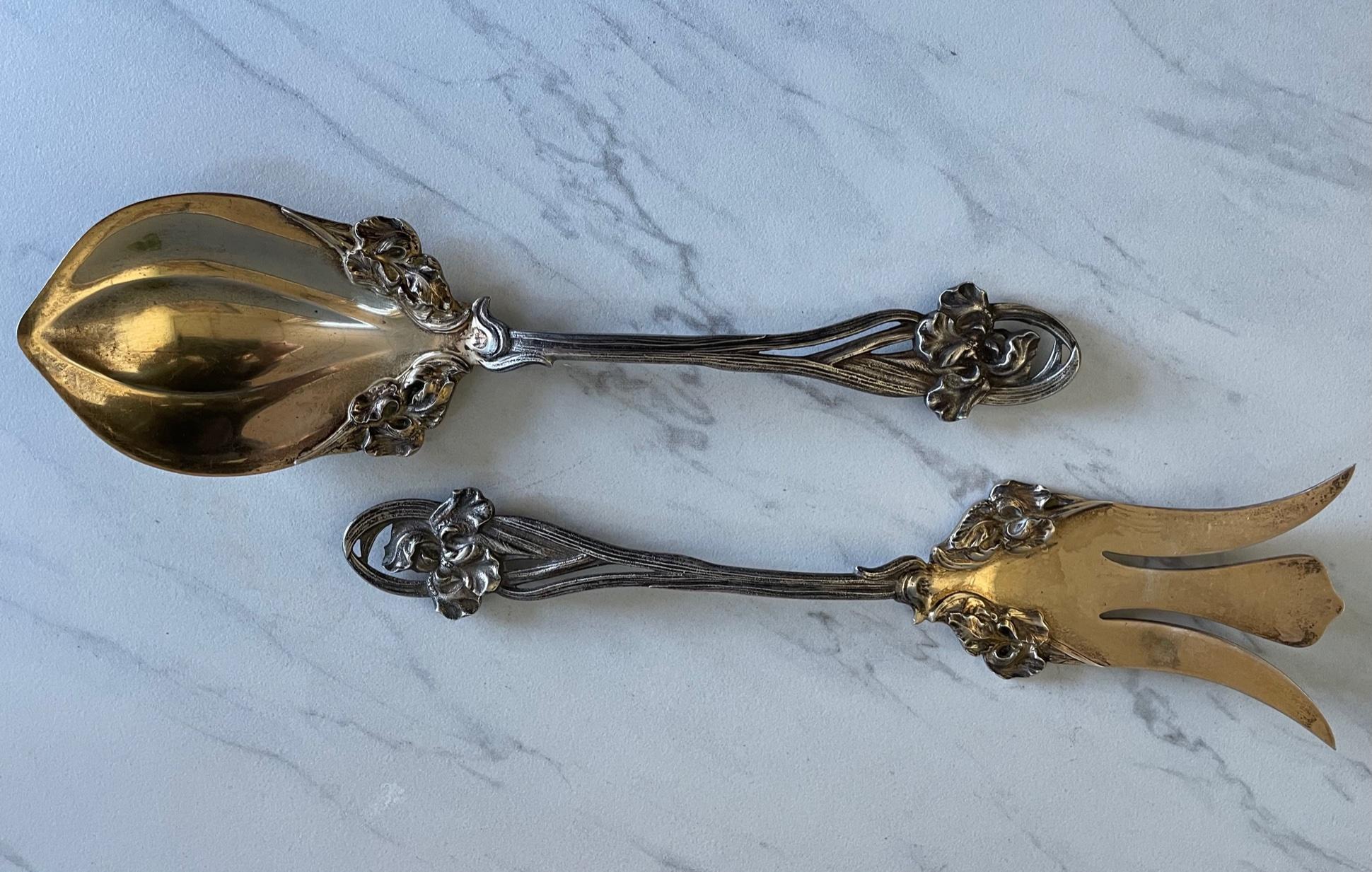 Art Nouveau Vintage Towle Sterling Silver Fork and Spoon Salad Serving Set For Sale 1
