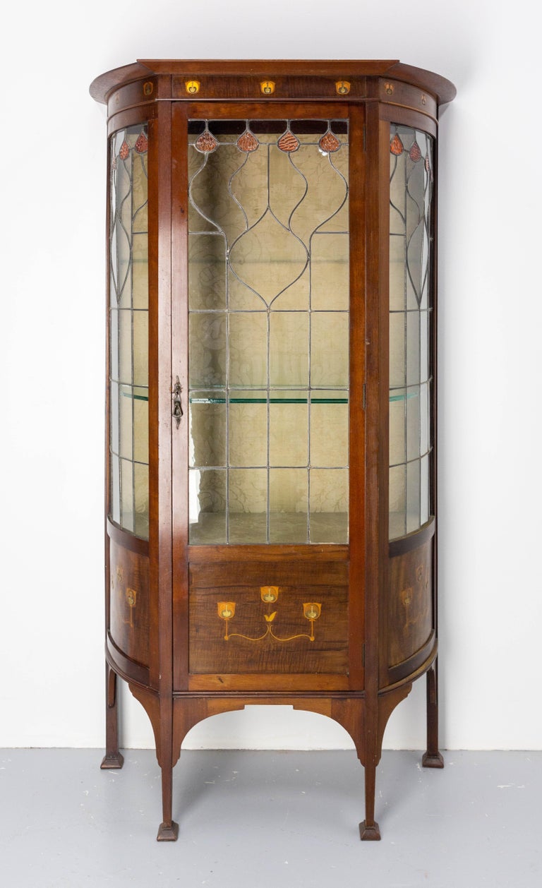 Art Nouveau Vitrine Walnut Glass Copper and Brass Inlaid, French, circa  1890 For Sale at 1stDibs
