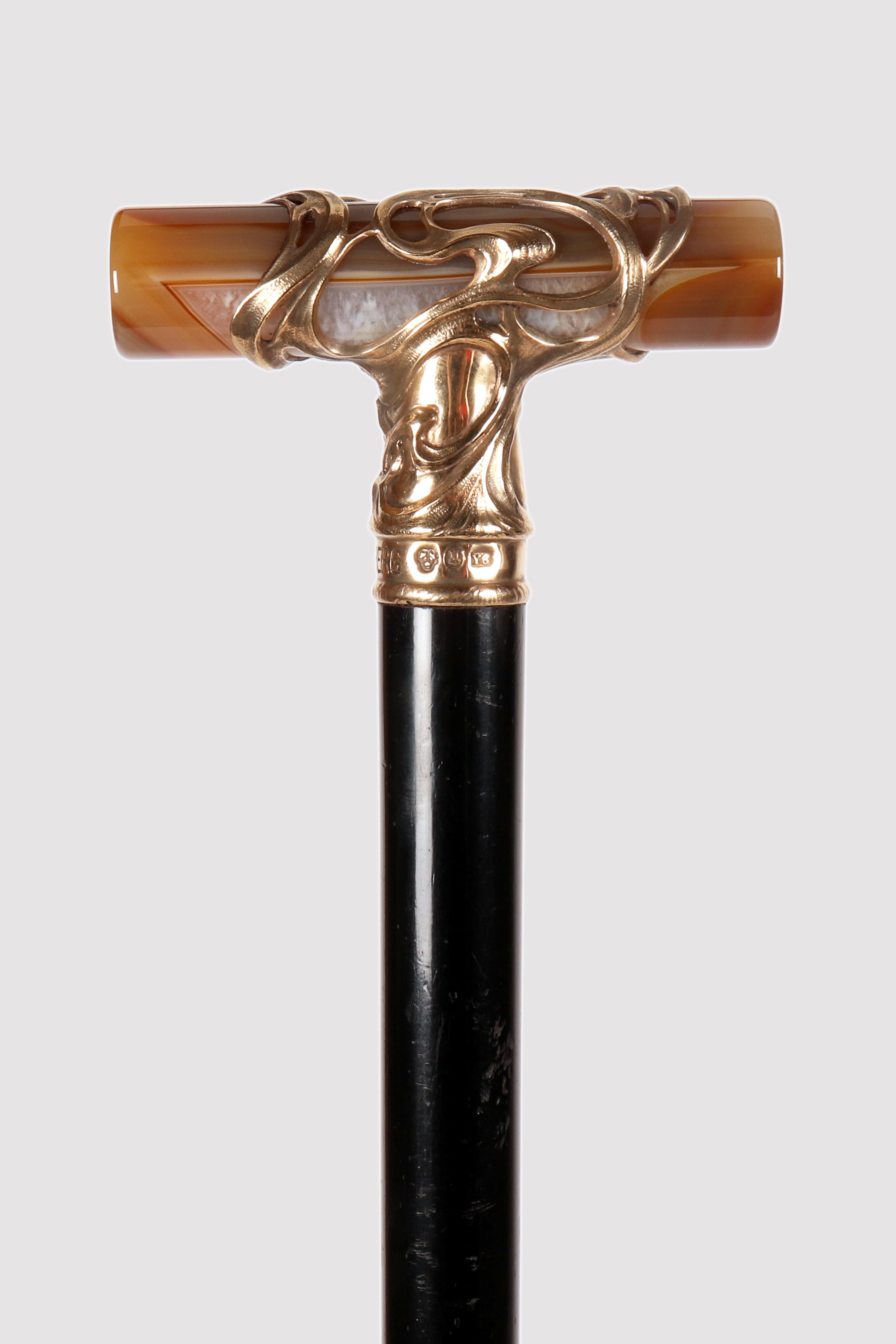 Swedish Art  Nouveau walking stick, agate knob, signed C.G.Hallberg, Sweden 1901. For Sale