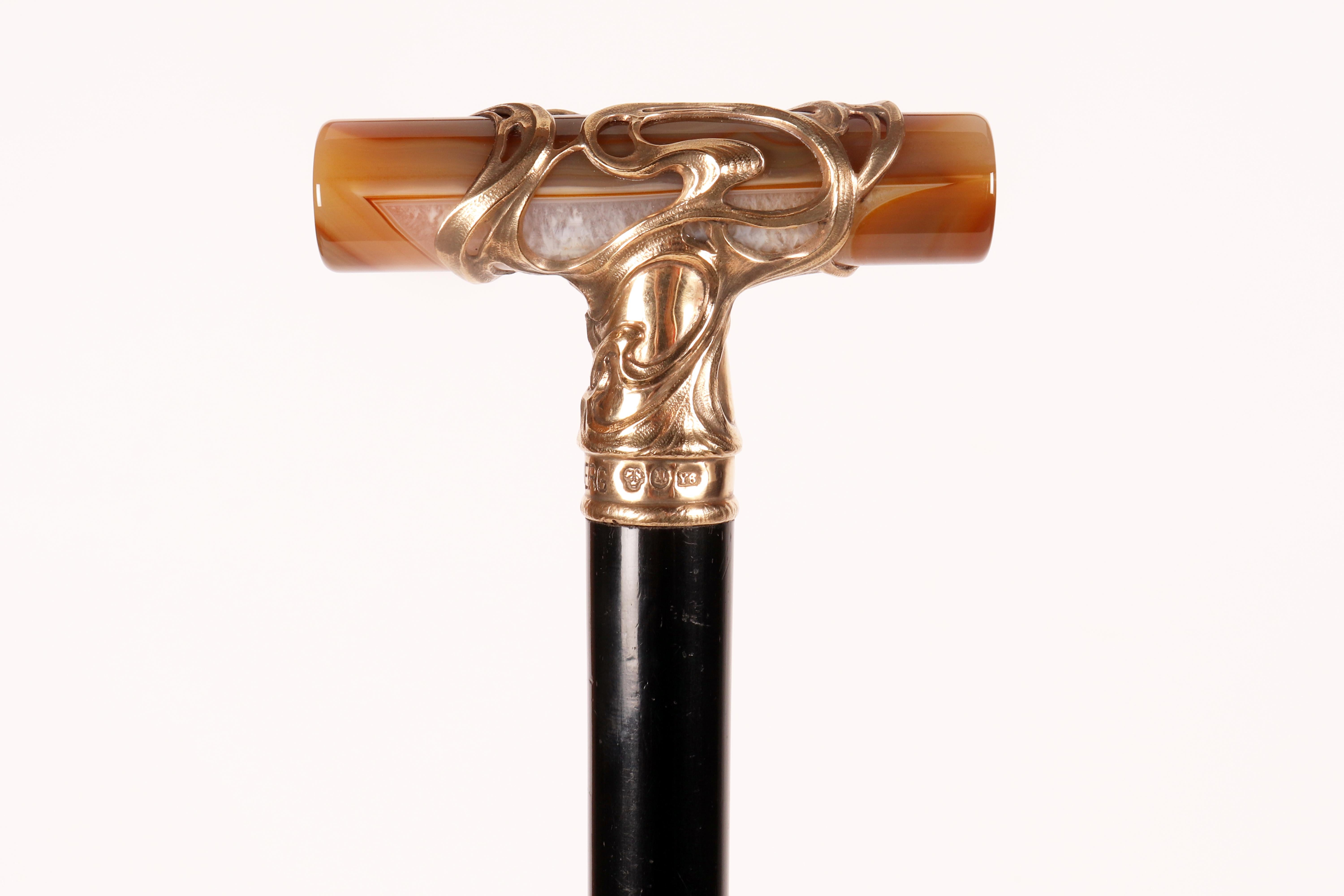 Art  Nouveau walking stick, agate knob, signed C.G.Hallberg, Sweden 1901. In Good Condition For Sale In Milan, IT