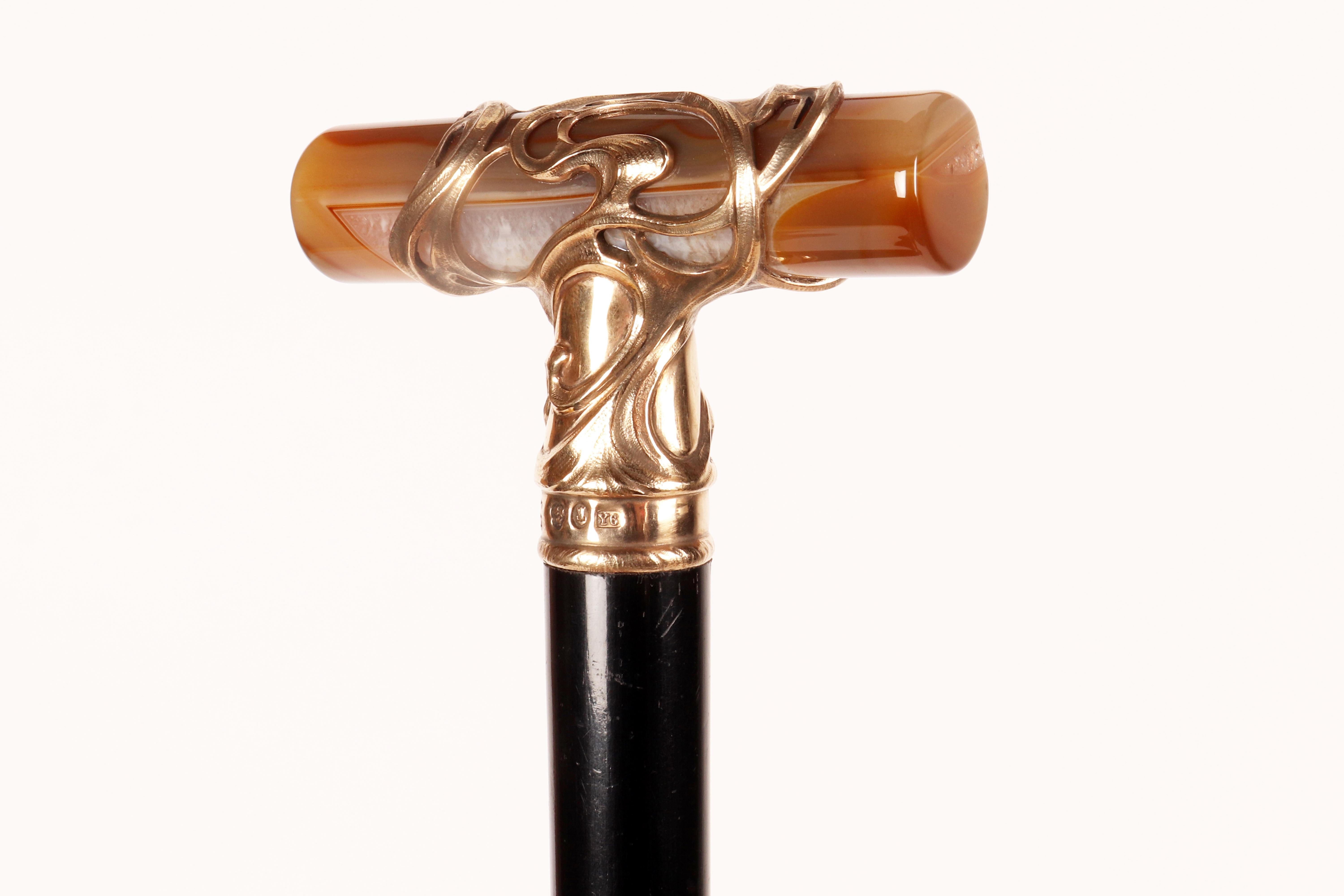 20th Century Art  Nouveau walking stick, agate knob, signed C.G.Hallberg, Sweden 1901. For Sale