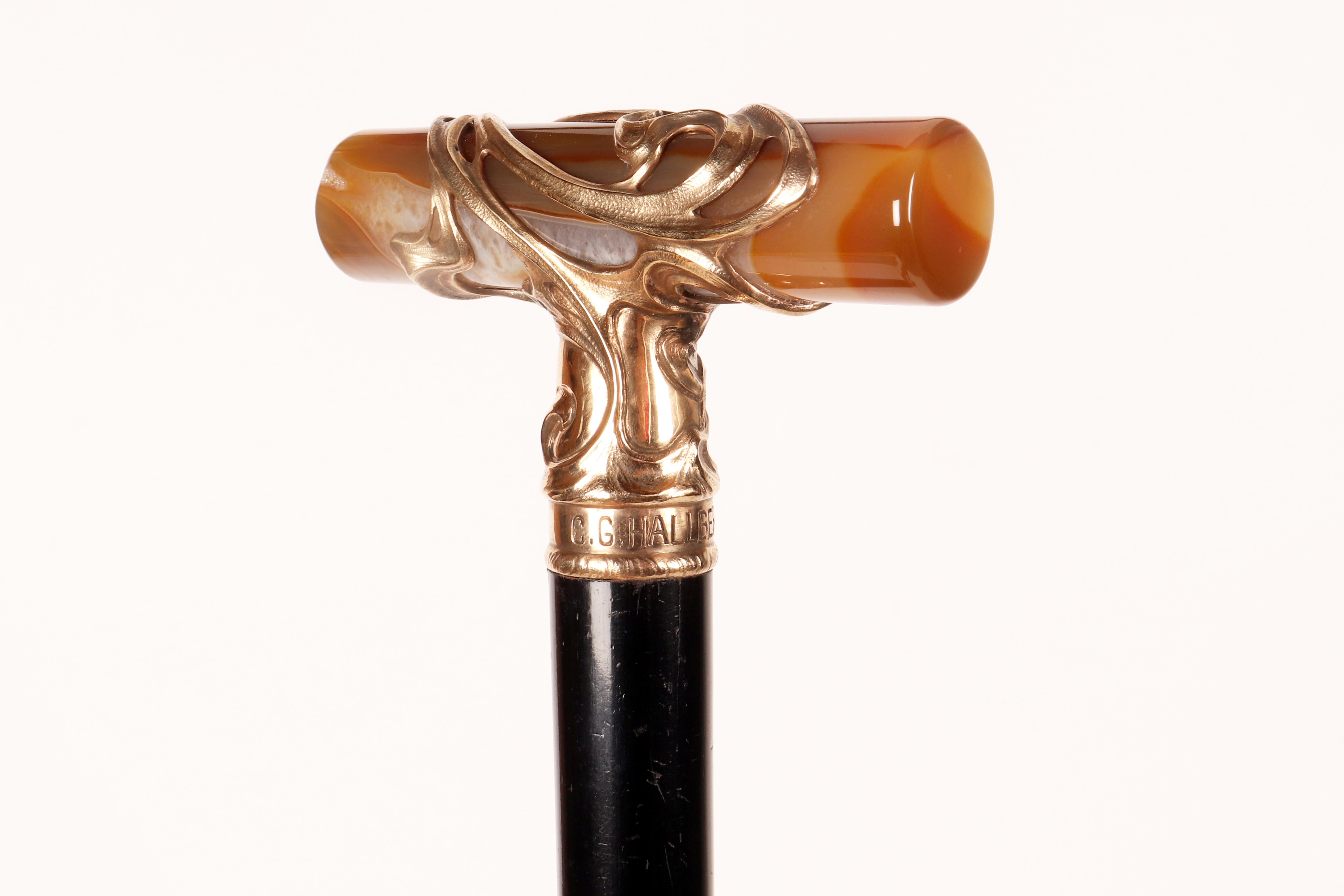 Art  Nouveau walking stick, agate knob, signed C.G.Hallberg, Sweden 1901. For Sale 2