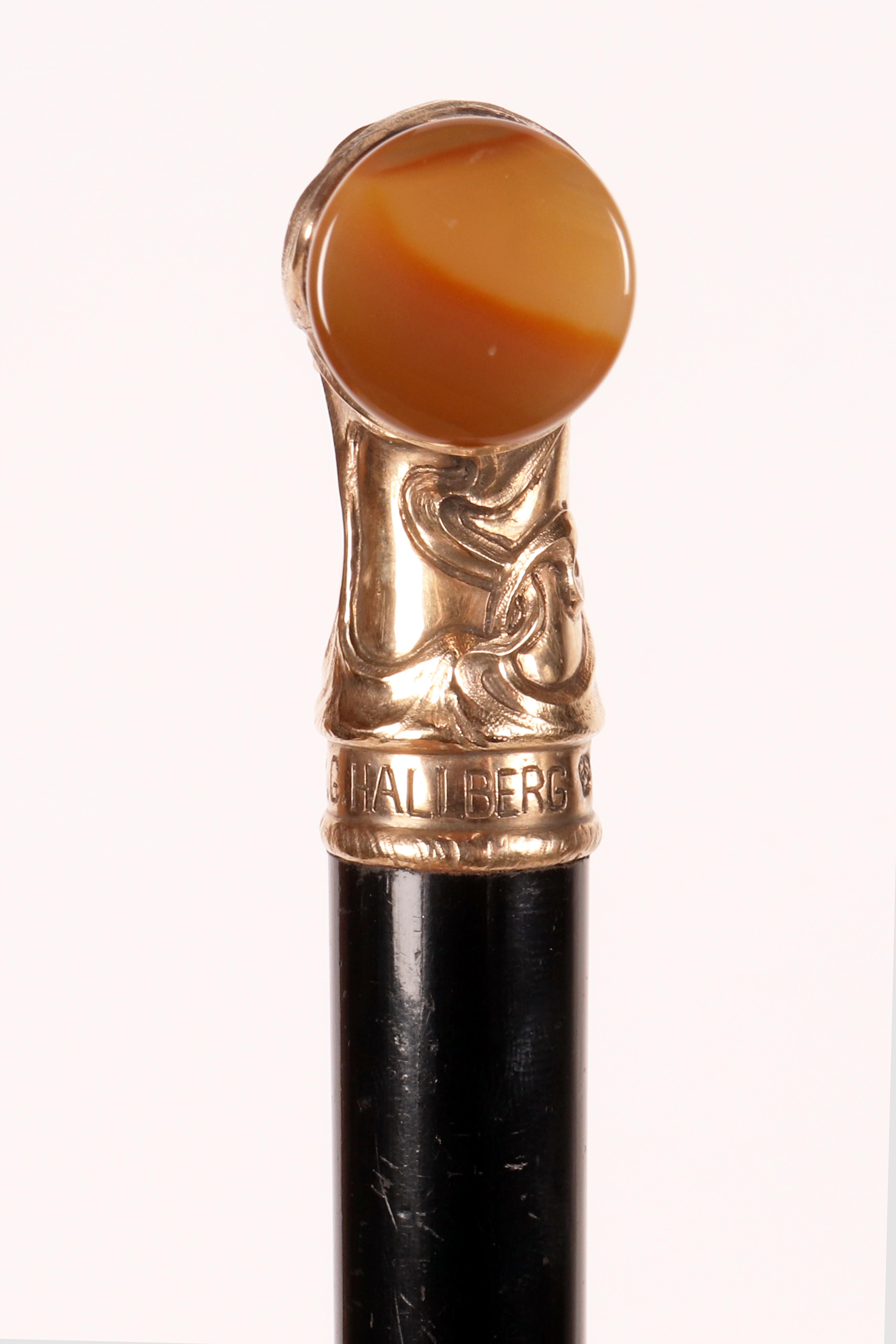 Art  Nouveau walking stick, agate knob, signed C.G.Hallberg, Sweden 1901. For Sale 3