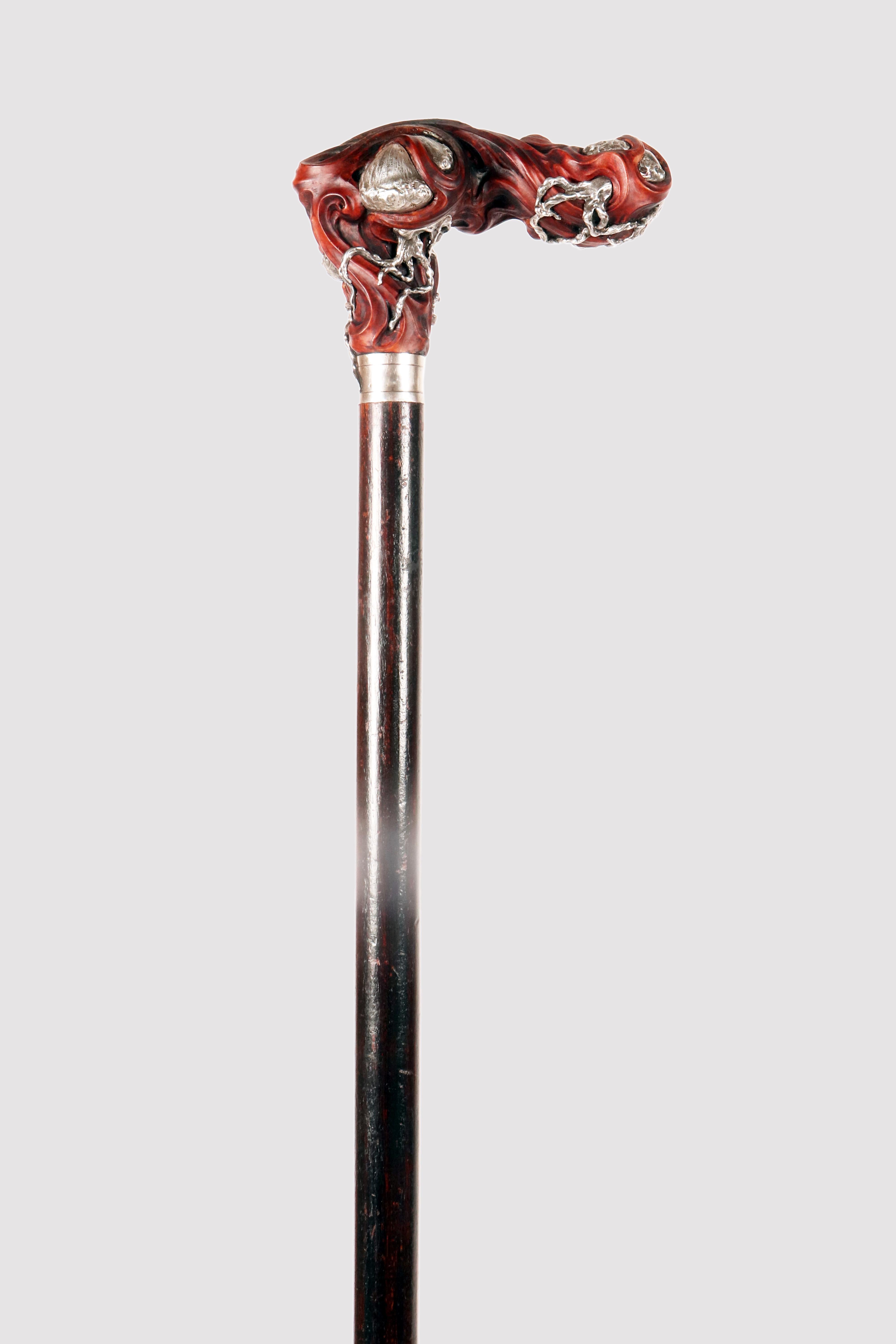 Canne Art Nouveau. Le bouton est en buis ébonisé, finement sculpté, et représente un groupe de méduses, en argent en forme de cloche, dont les tentacules et les filaments s'écoulent en tourbillonnant parmi les vagues.  Manche en bois d'ébène, virole