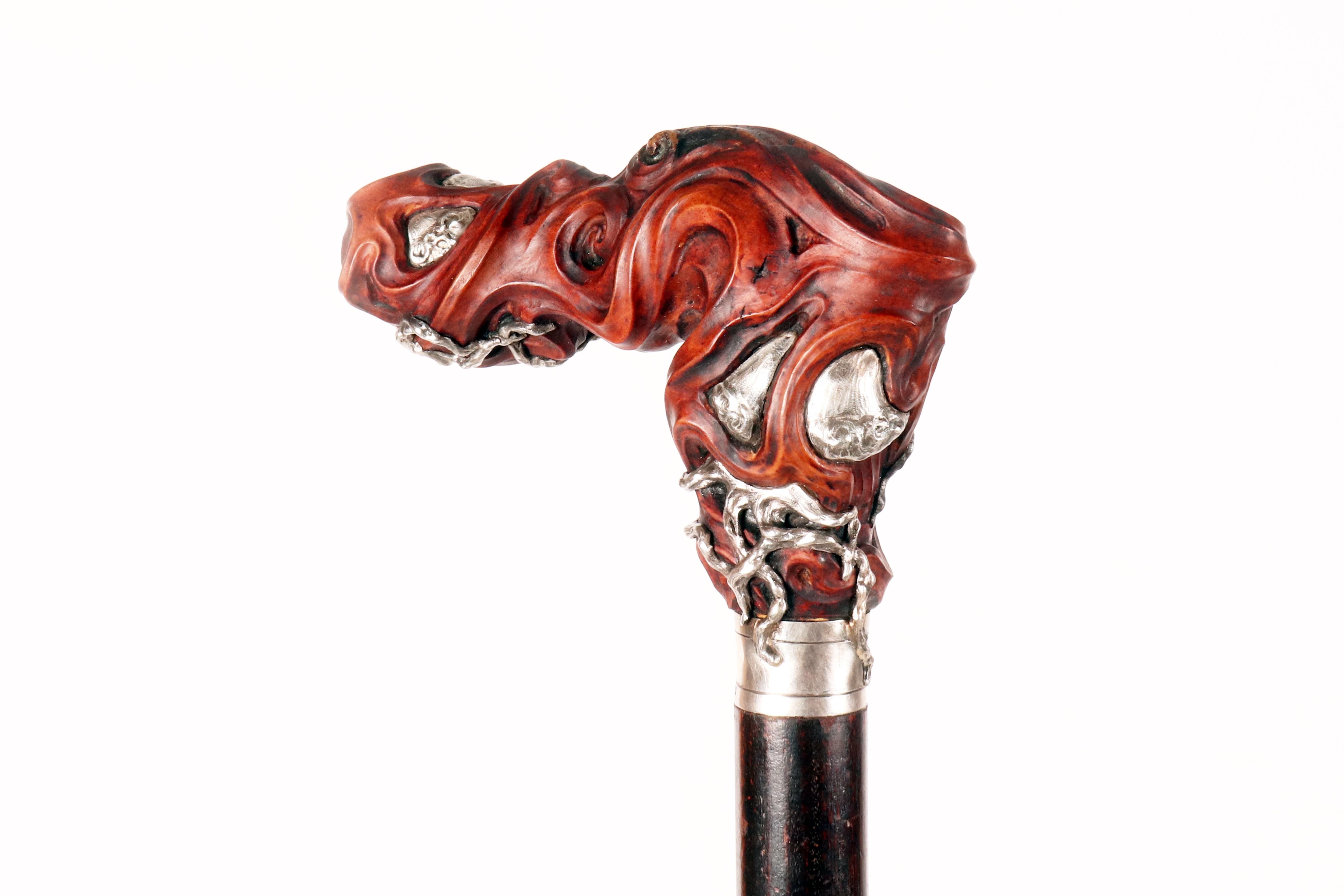 Argent Canne Art nouveau en buis, par Vincenzo Capello, Italie 1910. en vente