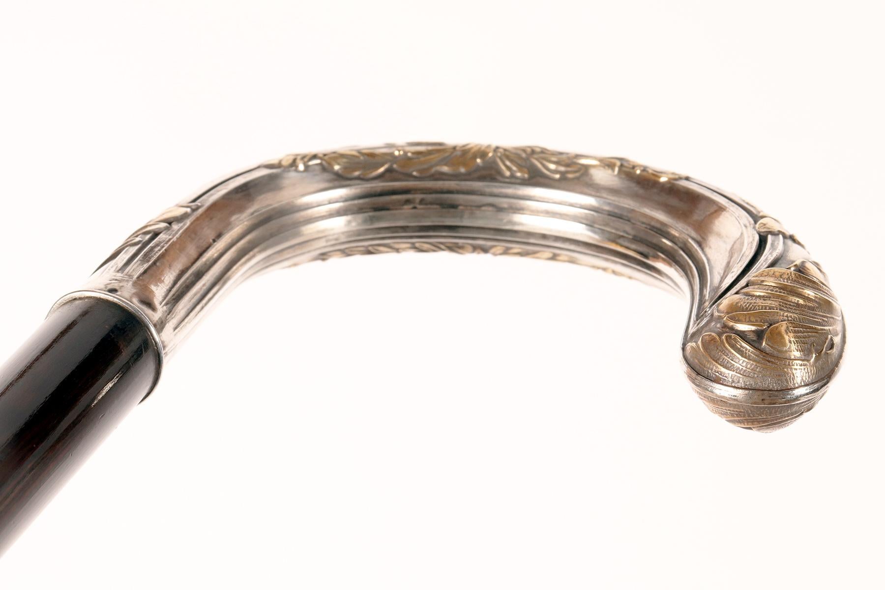 Bastone da passeggio Art Nouveau, pomello in argento con foglie, Francia 1900. in vendita 4