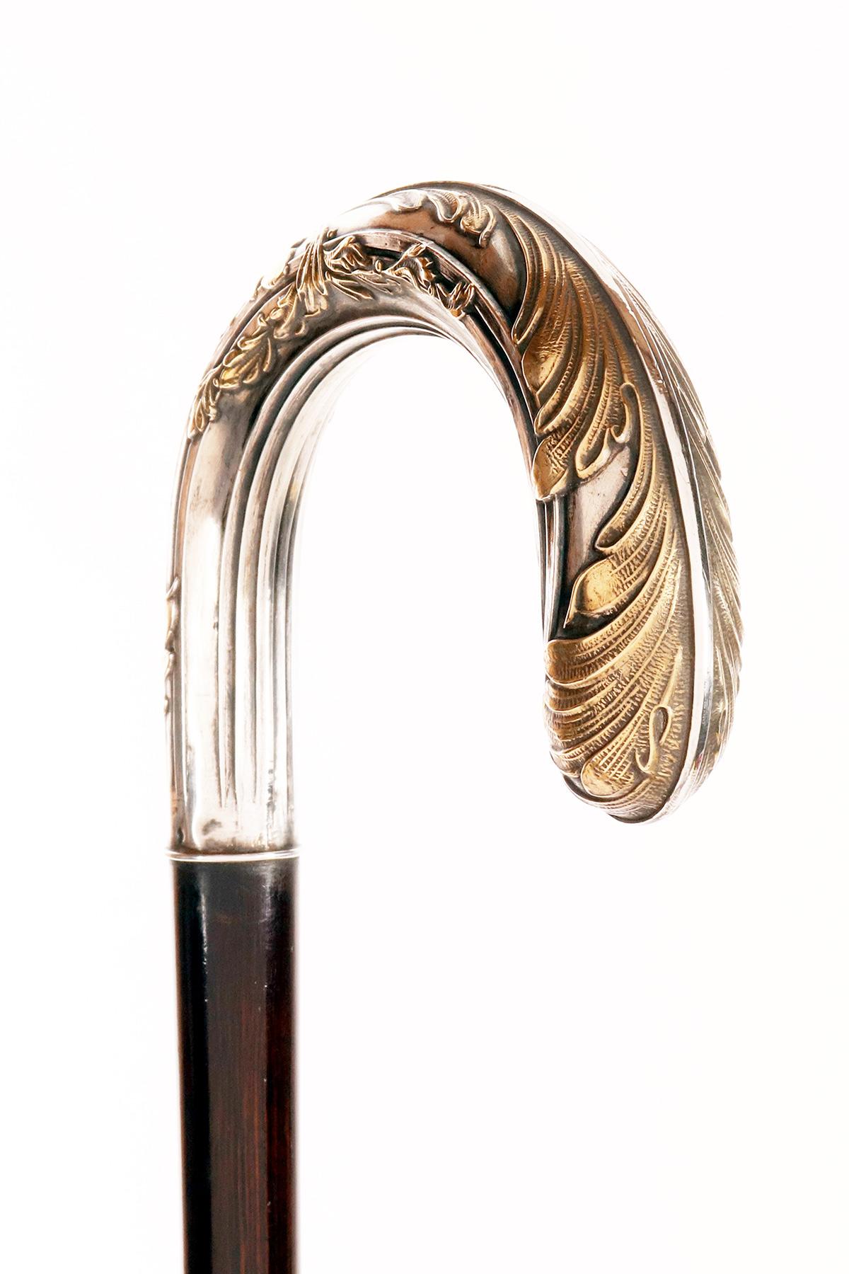 Bastone da passeggio Art Nouveau, pomello in argento con foglie, Francia 1900. in vendita 2