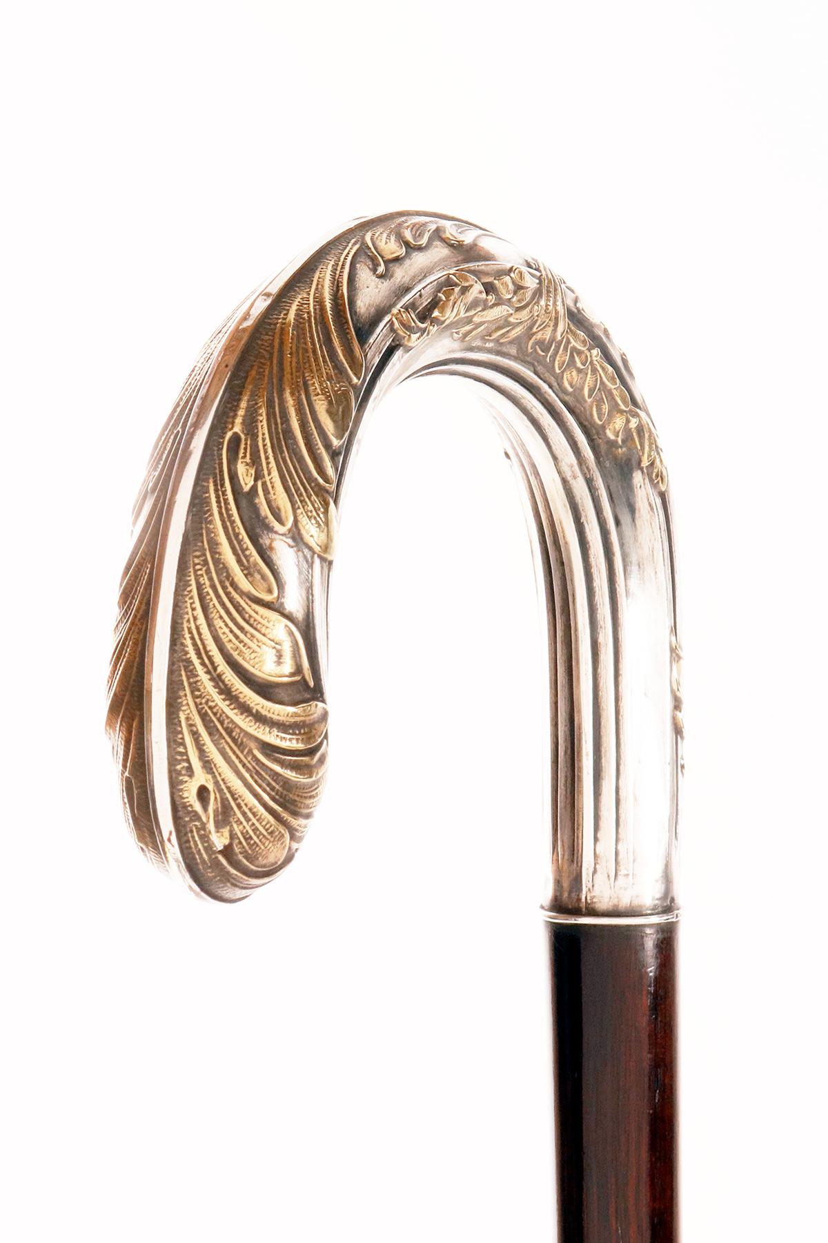 Bastone da passeggio Art Nouveau, pomello in argento con foglie, Francia 1900. in vendita 3
