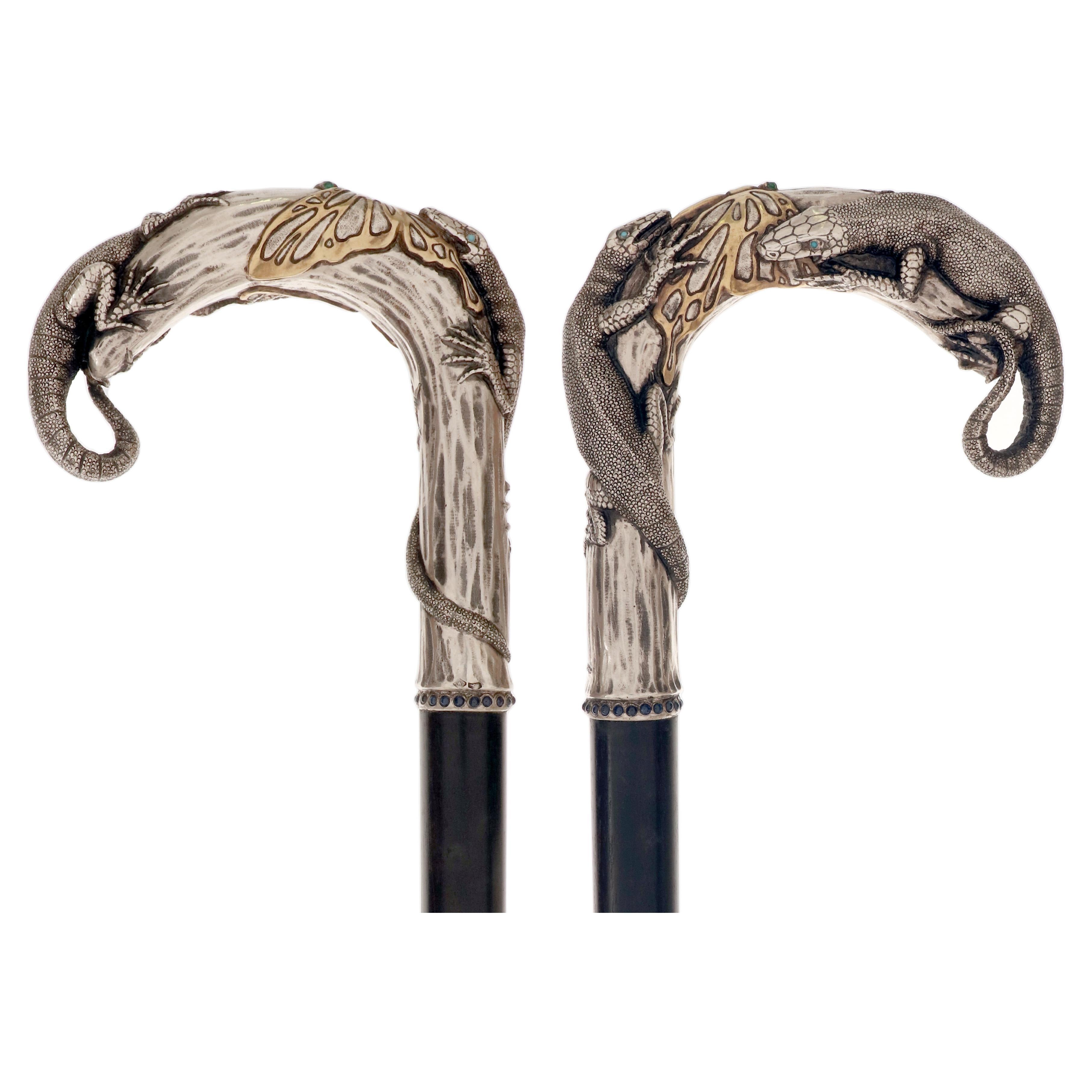 Bastone da passeggio Art Nouveau con manico in argento e lucertole, di Daurat. Francia 1900.