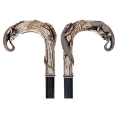 Art Nouveau walking stick silver handle with lizards, by Daurat. France 1900. Art Nouveau walking stick silver handle with lizards, by Daurat. France 1900.