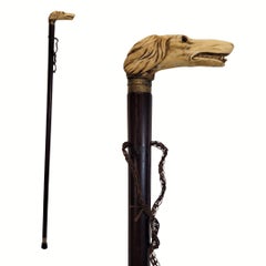 Art Nouveau walking stick with greyhound bust handle, bull bone and wood, France
