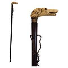 Art Nouveau walking stick with greyhound bust handle, bull bone and wood, France