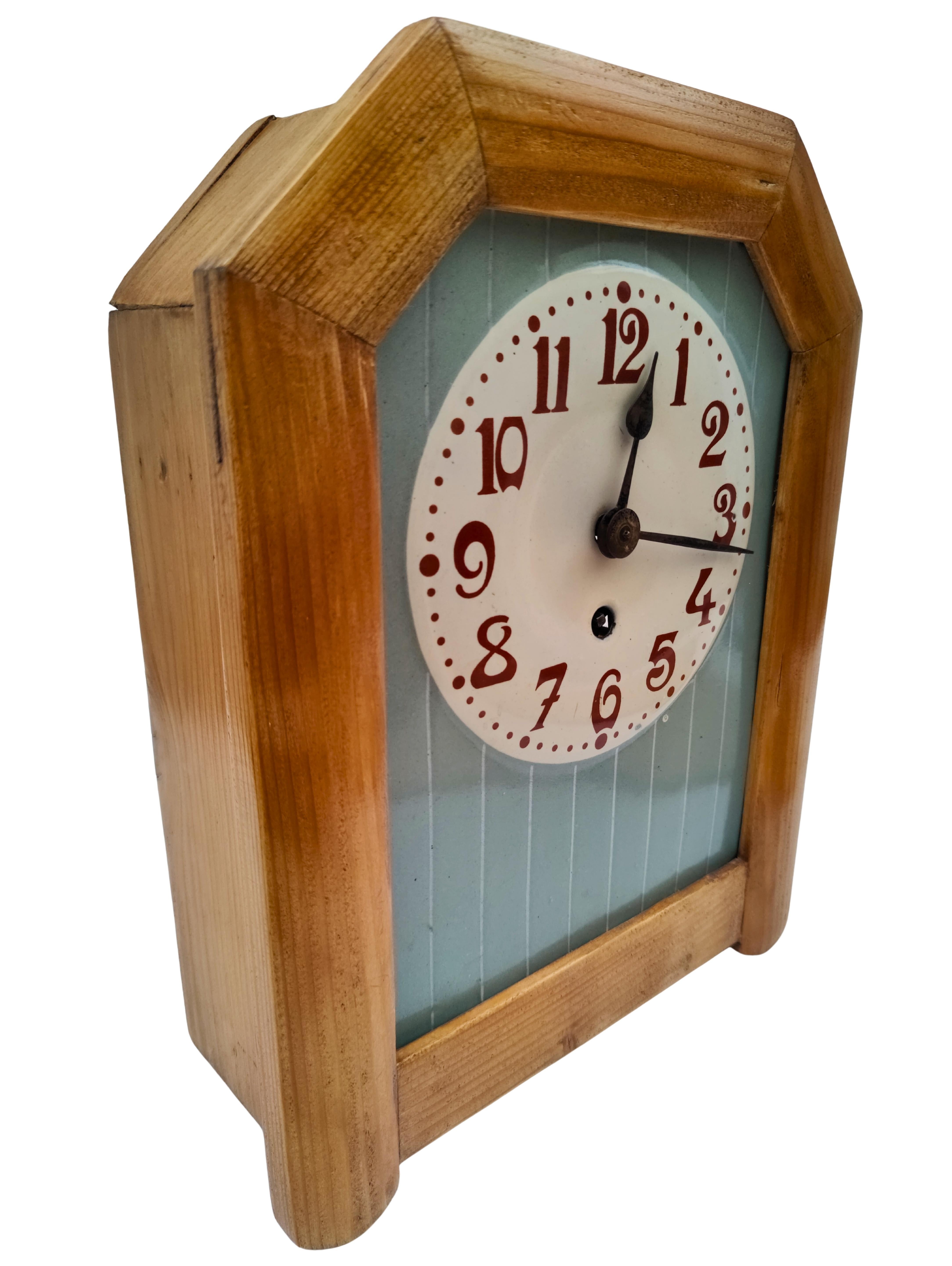 Patinated Art Nouveau Wall Clock with Ceramic Dial, Softwood Case, circa 1900 For Sale