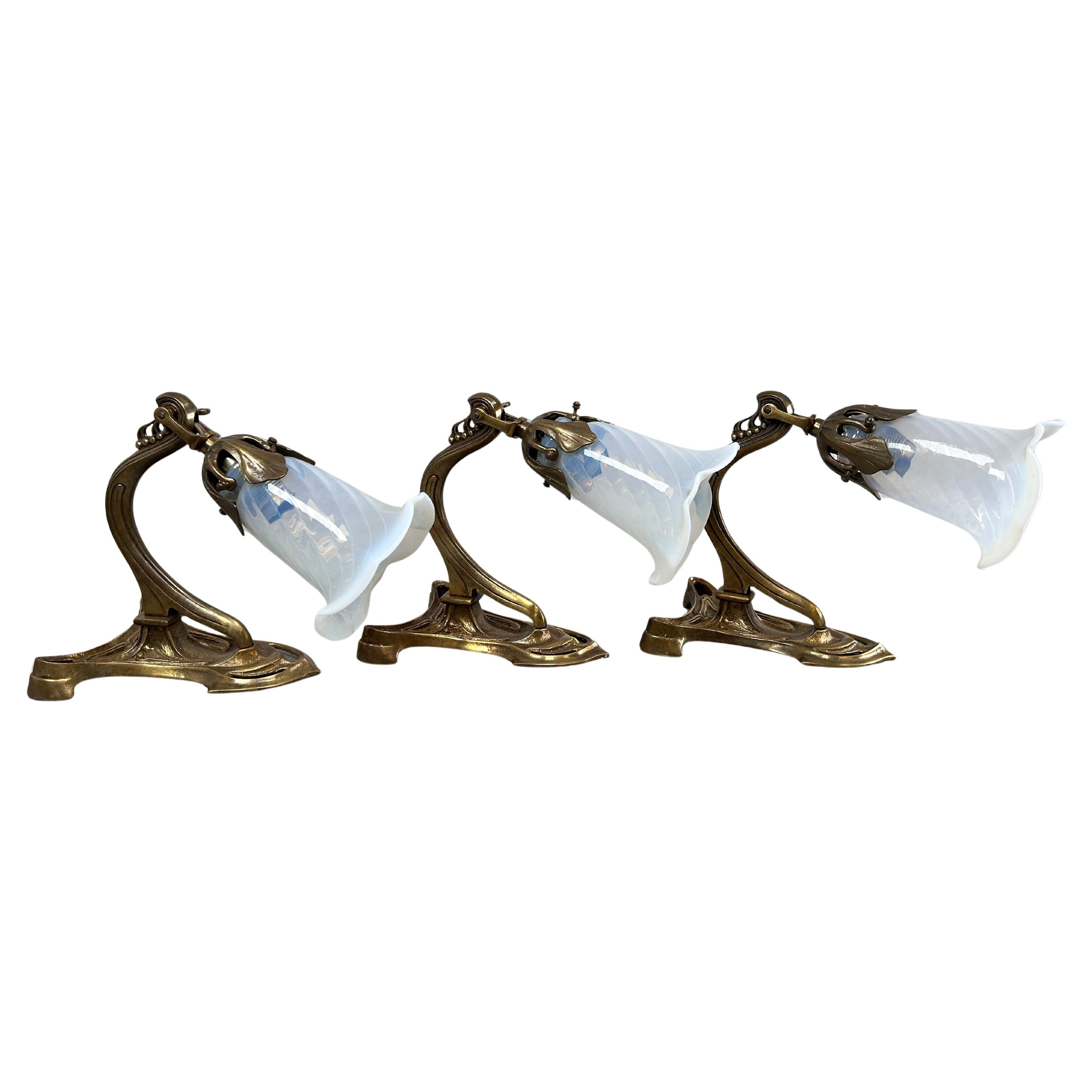 Art Nouveau wall lamps with opal iridescent glass For Sale