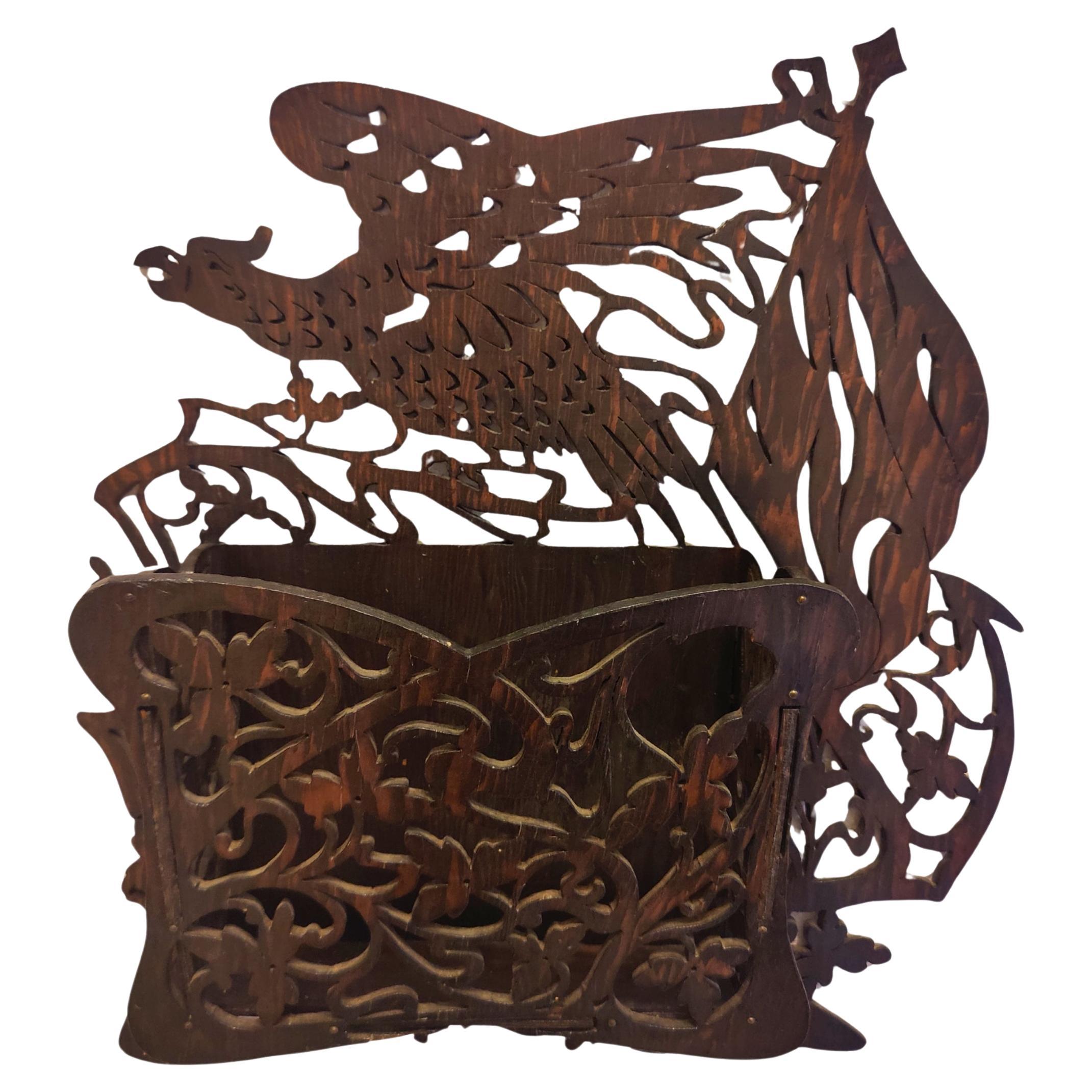 Art Nouveau Wall Letter Holder in Carved Pine with Eagle Motif, circa 1900 For Sale