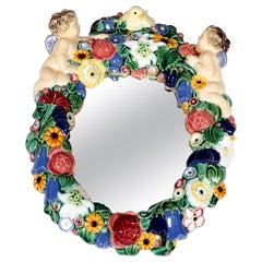 Art Nouveau Wall Mirror with Flowers and Cupids by Michael Powolny, Vienna, 1915