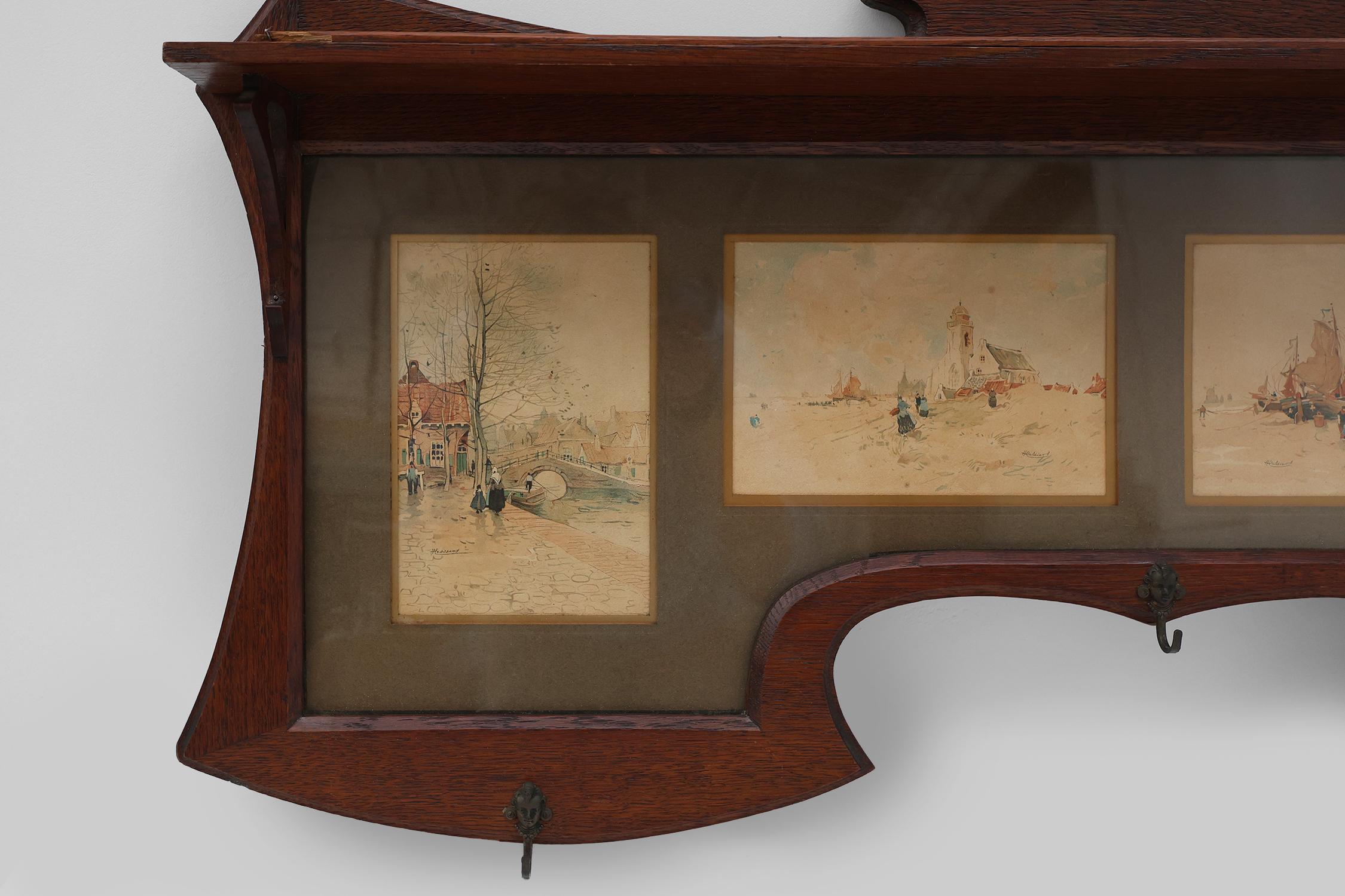 Belge Porte-manteau mural Art nouveau avec aquarelles encadrées par Cassier, Belgique en vente