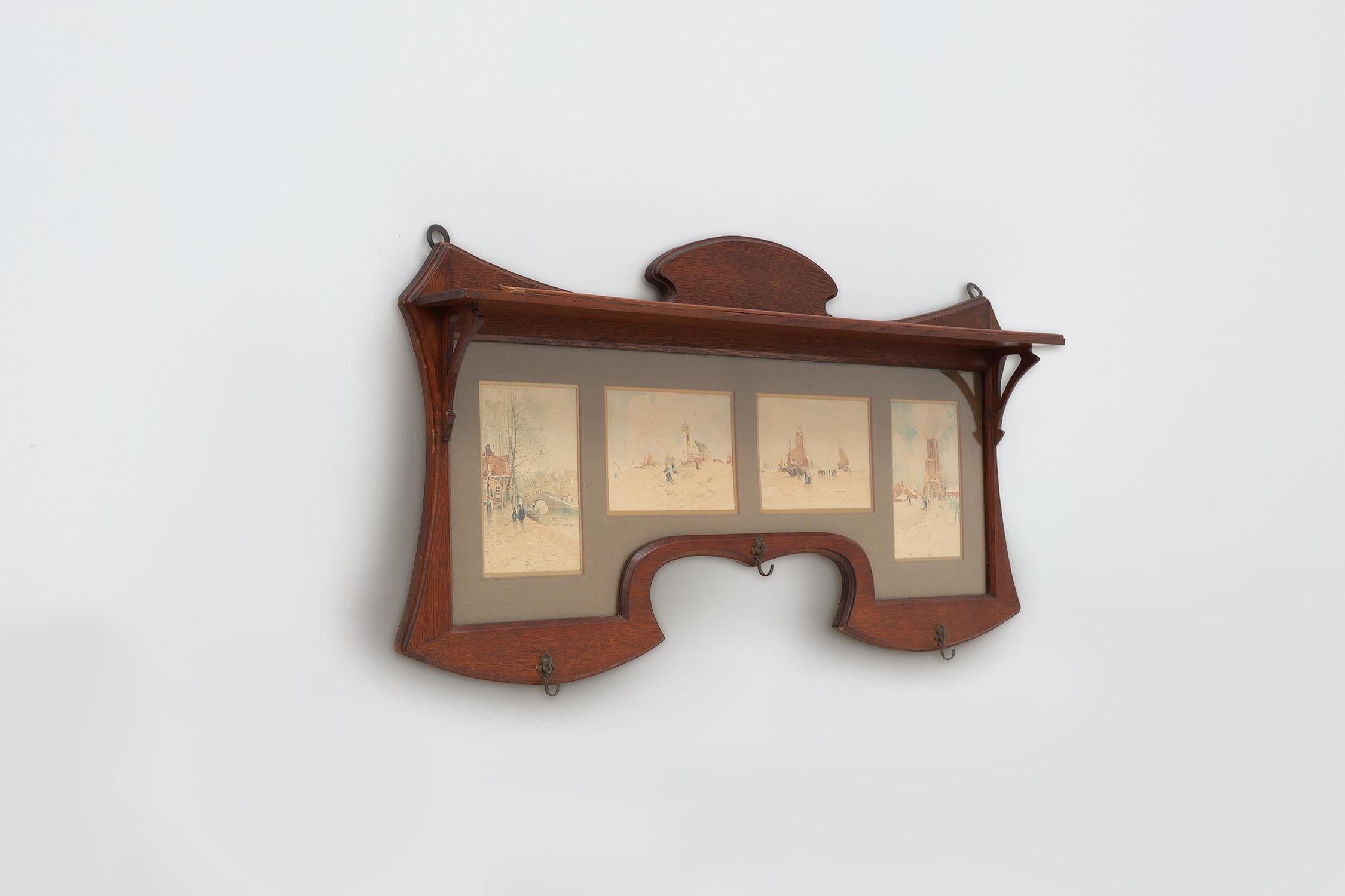 Métal Porte-manteau mural Art nouveau avec aquarelles encadrées par Cassier, Belgique en vente