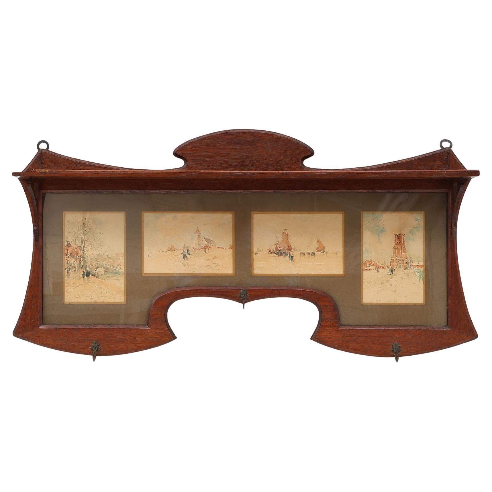 Porte-manteau mural Art nouveau avec aquarelles encadrées par Cassier, Belgique en vente