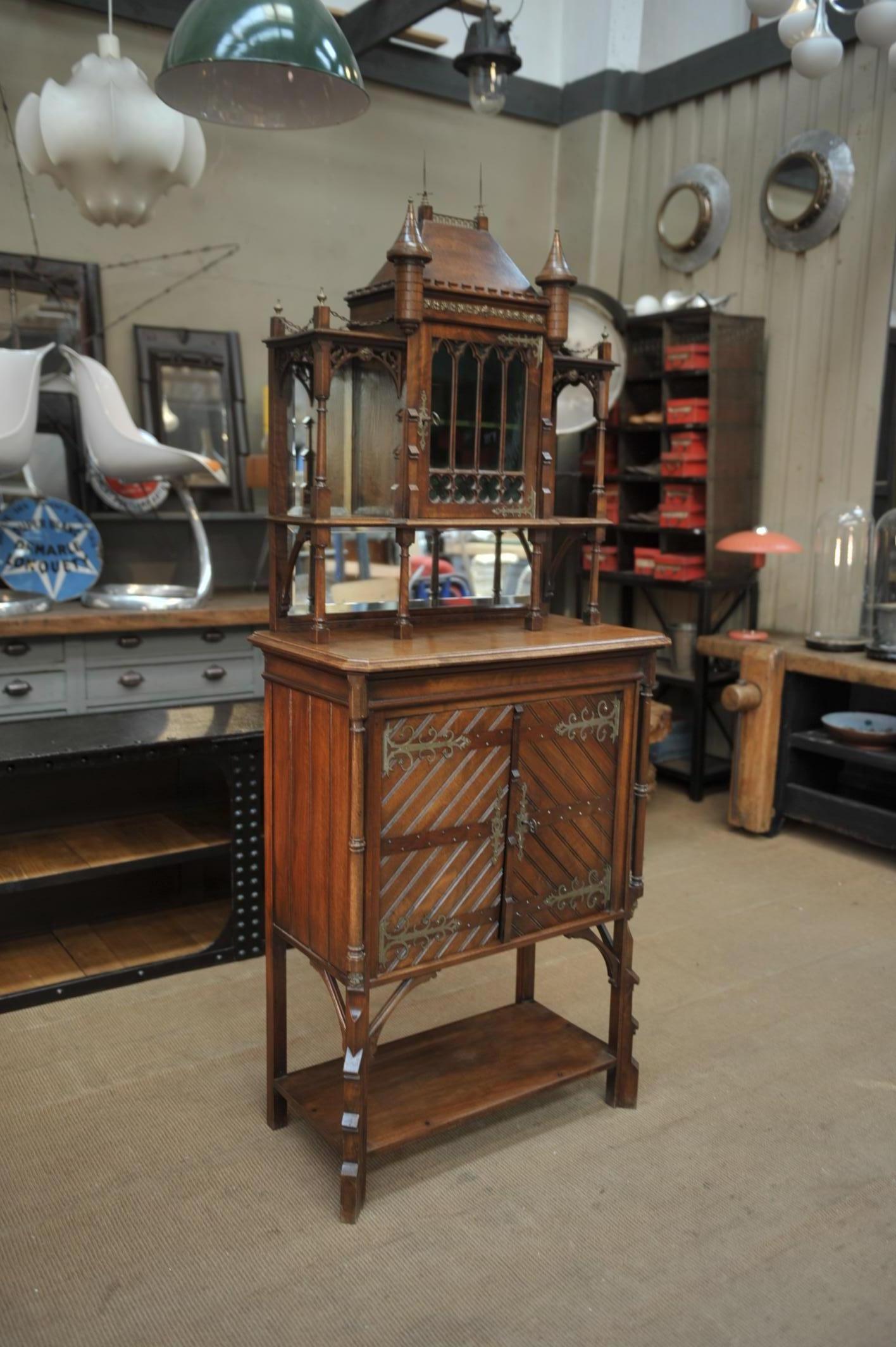 Art Nouveau Walnut Cabinet with Castle Decor, circa 1900 7