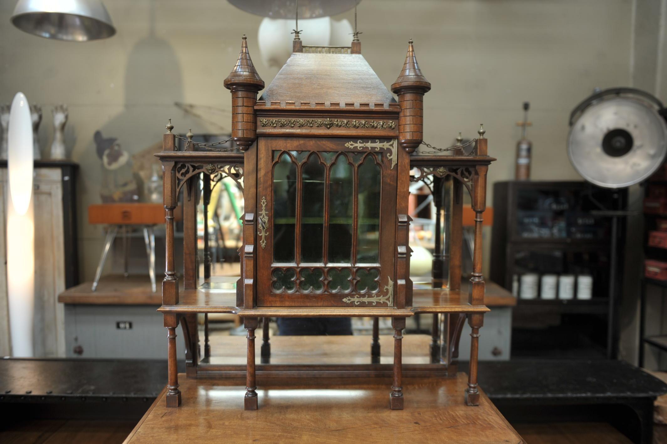 Early 20th Century Art Nouveau Walnut Cabinet with Castle Decor, circa 1900