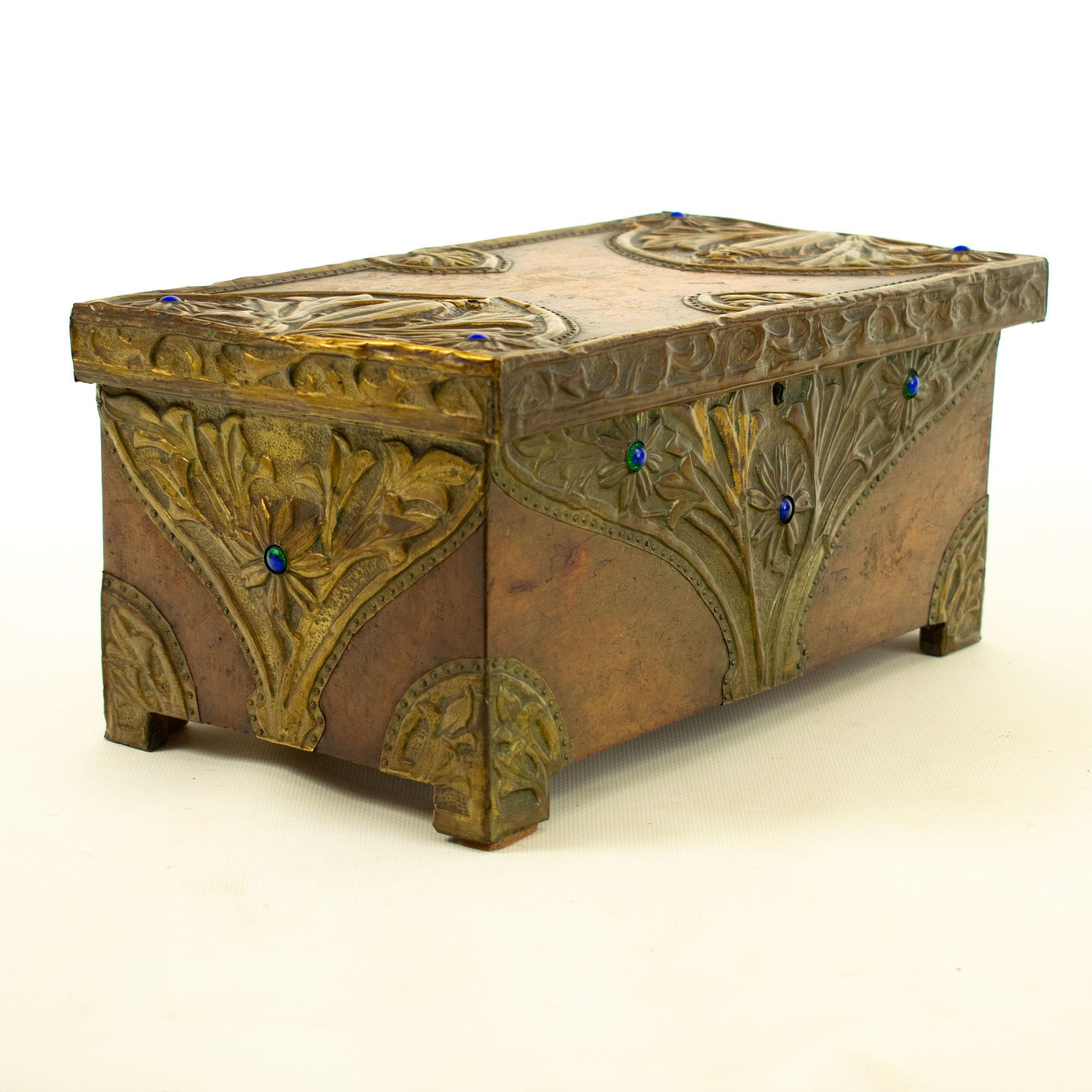 20th Century Art Nouveau walnut chest with embossed bronze and gemstone decoration For Sale