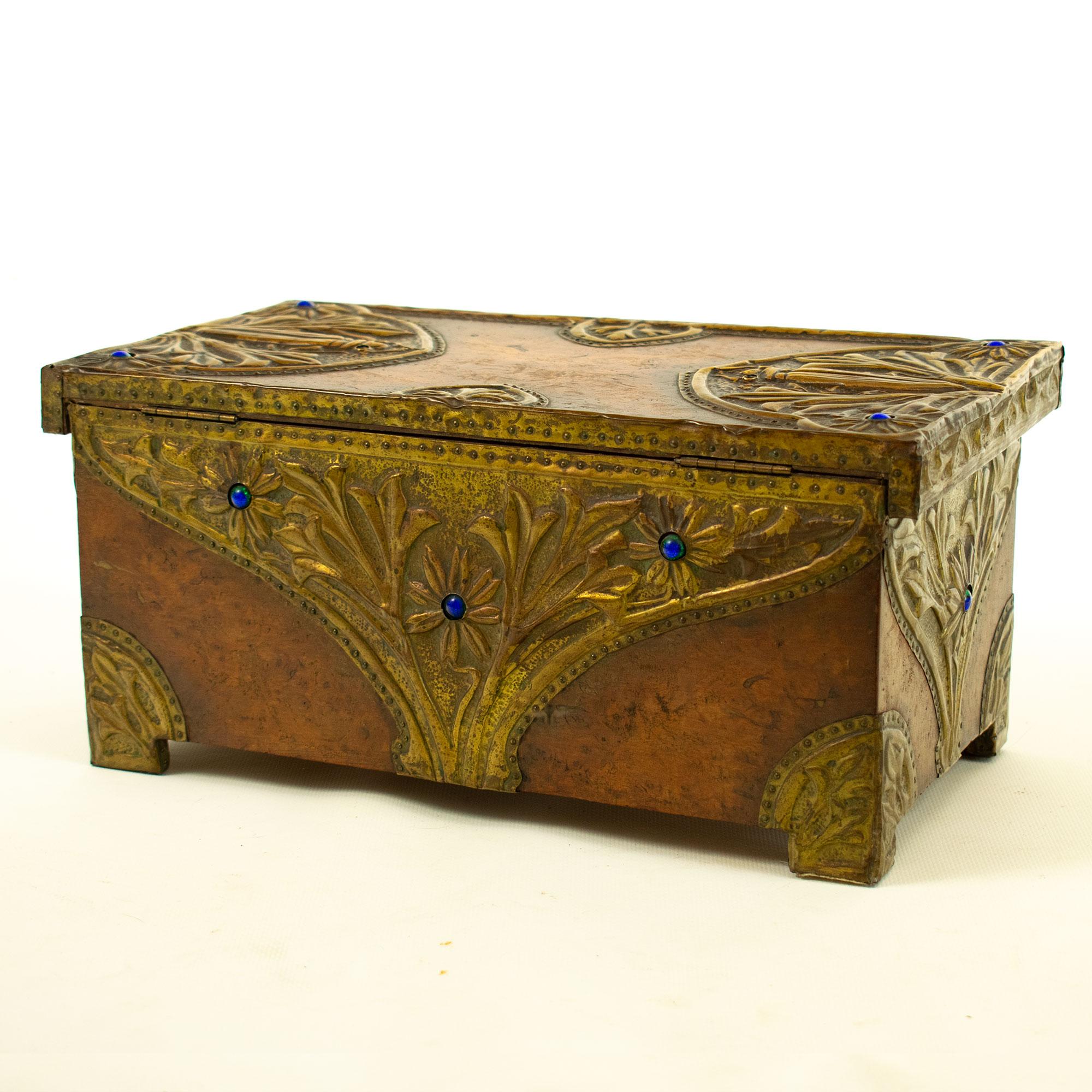 Bronze Art Nouveau walnut chest with embossed bronze and gemstone decoration For Sale