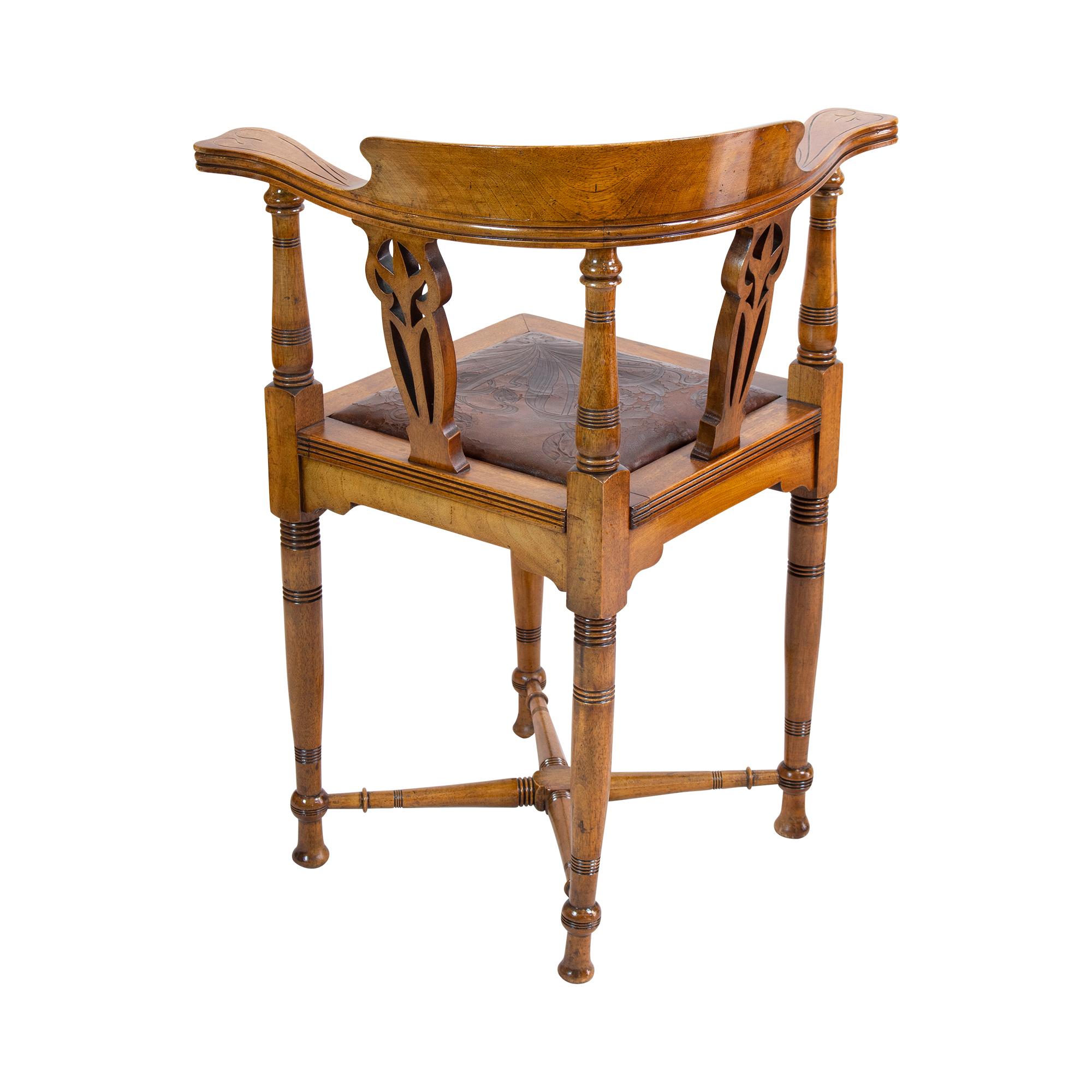 Polished Art Nouveau Walnut Corner Armchair For Sale