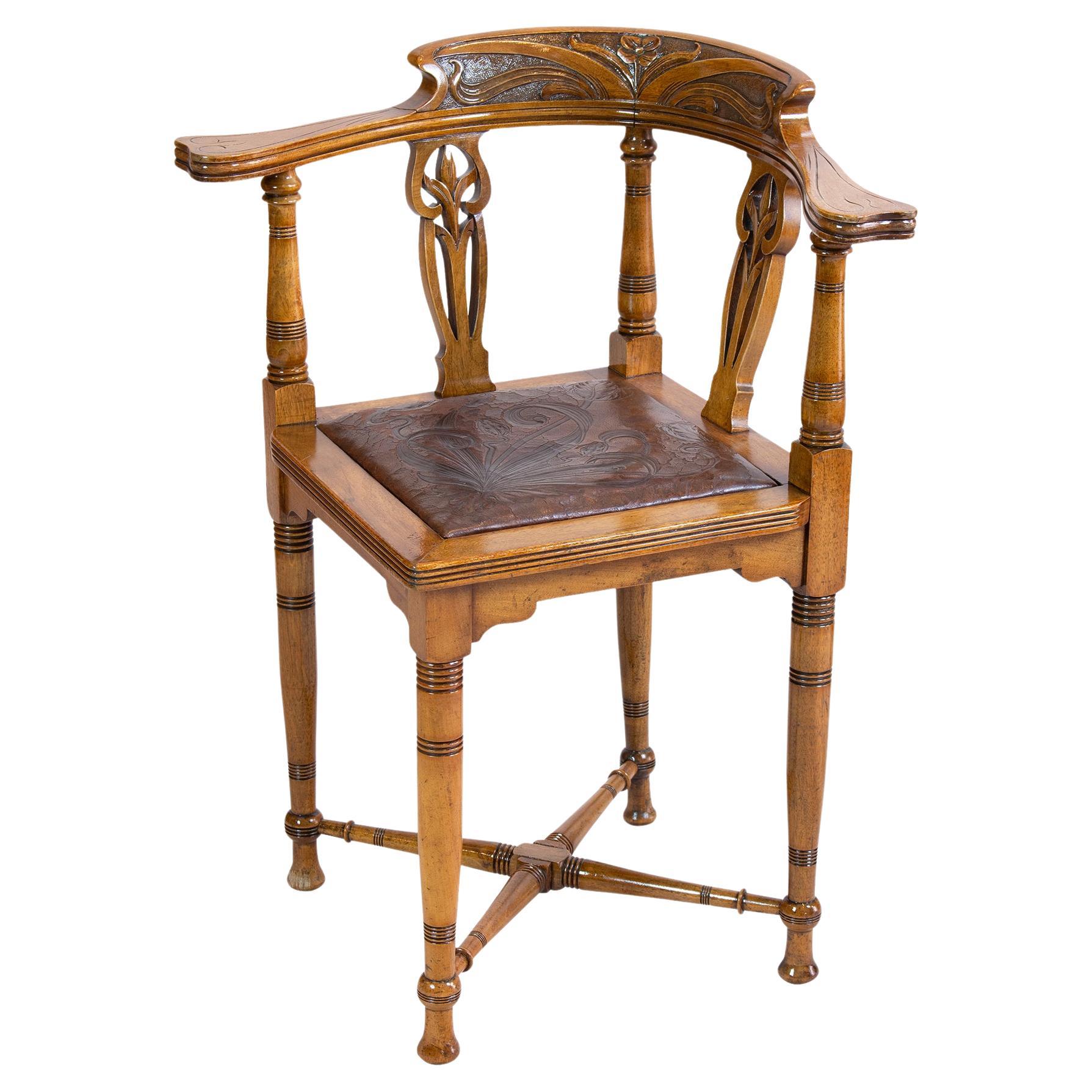 Art Nouveau Walnut Corner Armchair For Sale