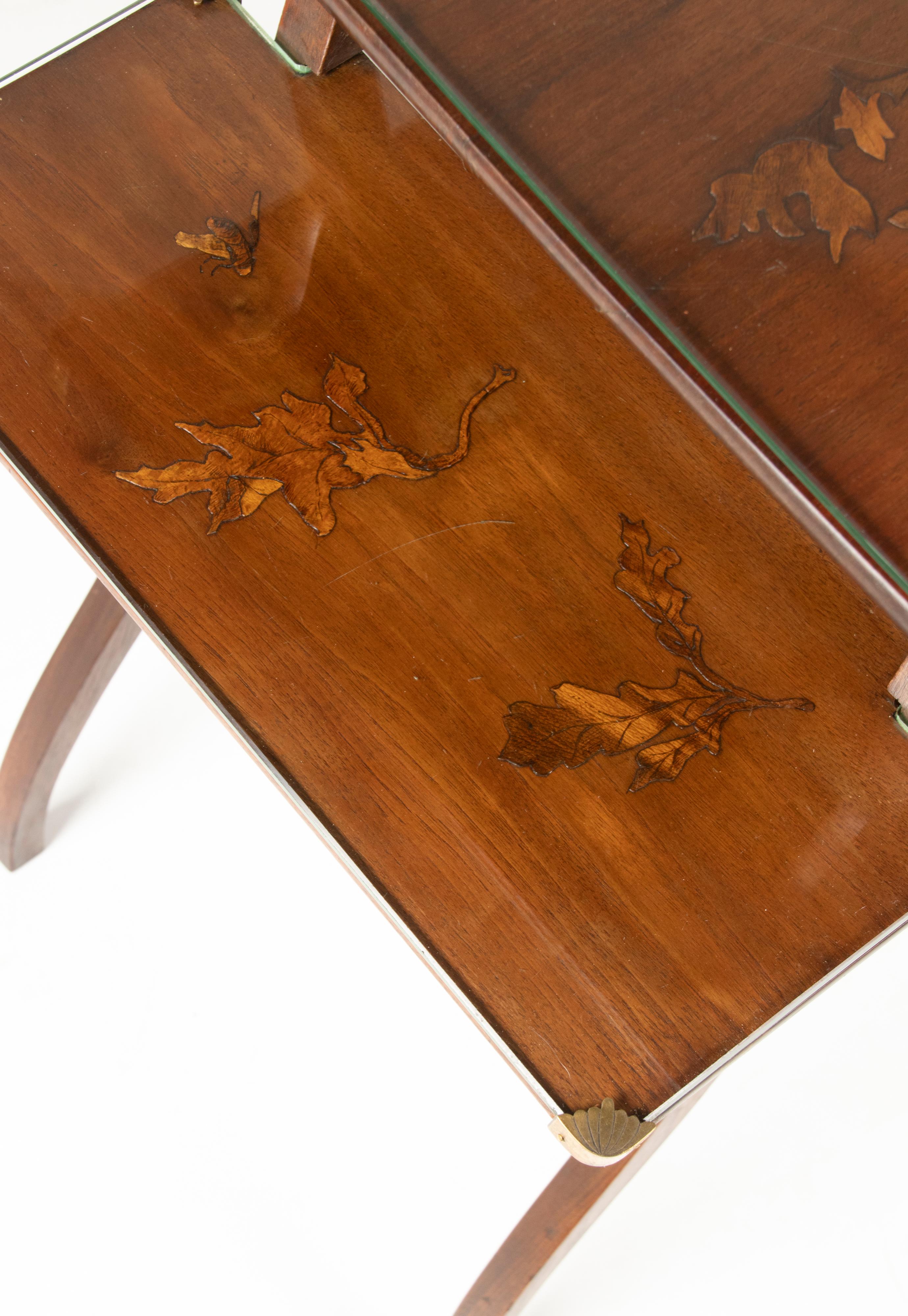 Art Nouveau Walnut Gallé Style Floral Marquetry Tray Server Table 9