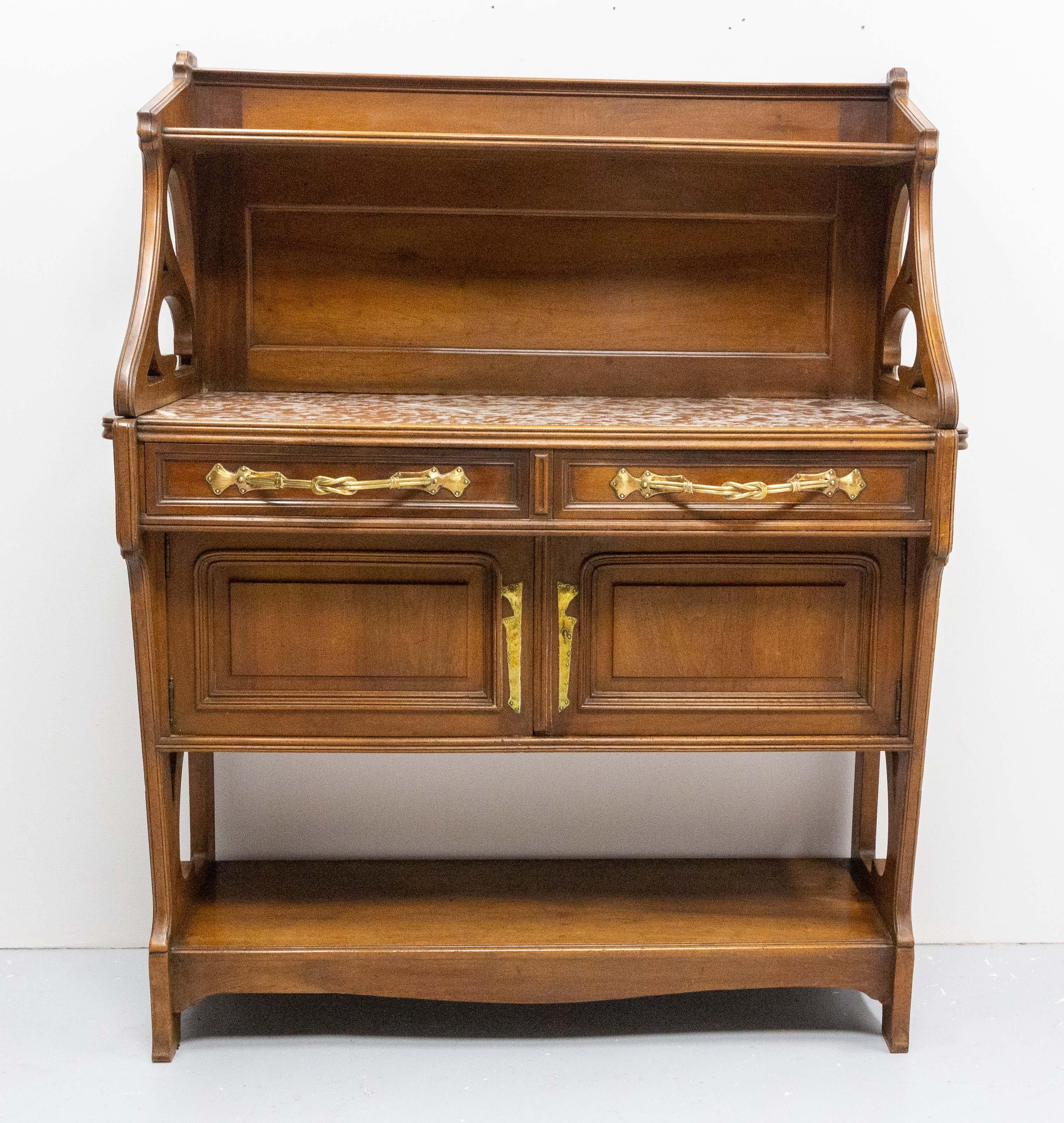 Art Nouveau Walnut, Marbre & Brass Console or Little Buffet, French, circa 1910 In Good Condition For Sale In Labrit, Landes