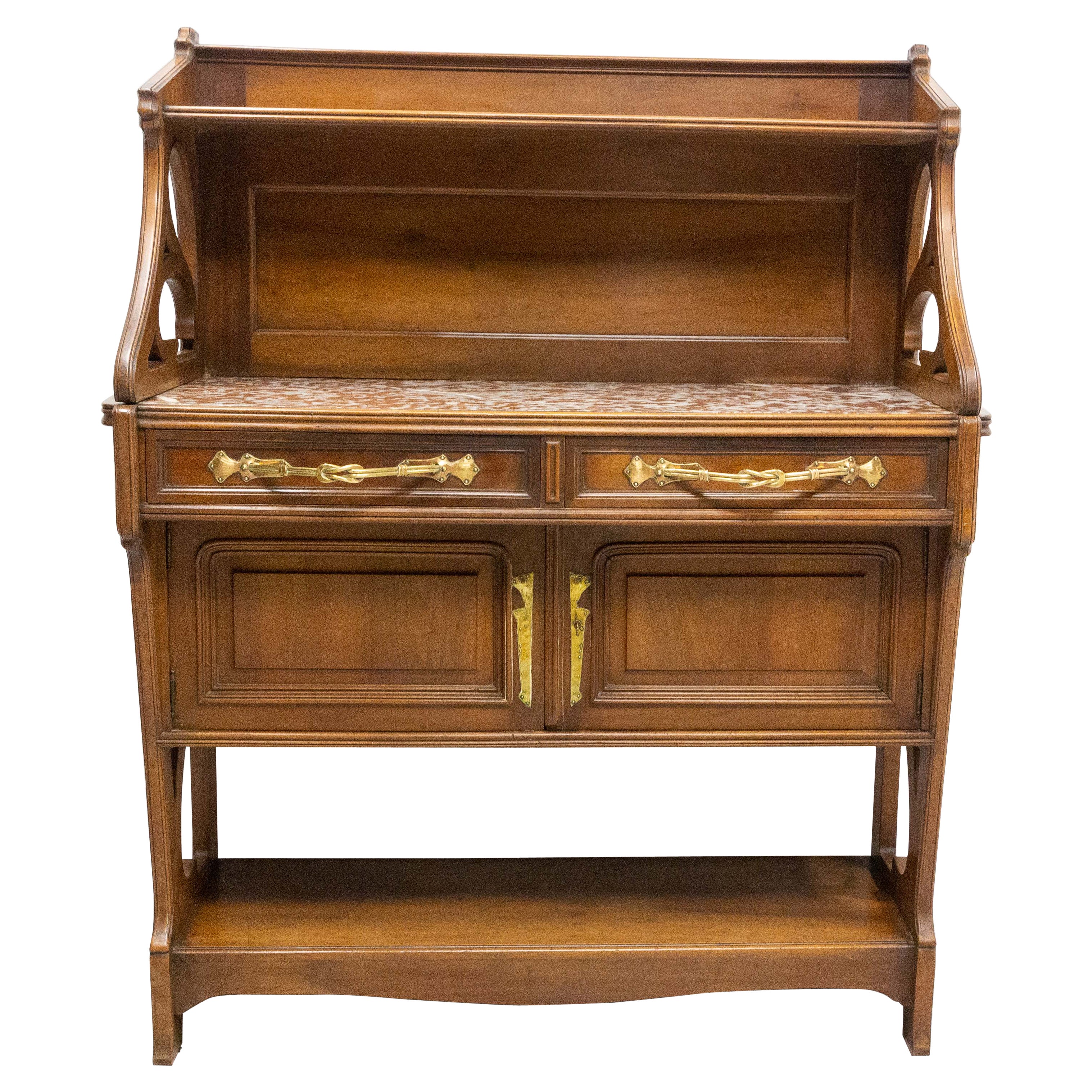 Art Nouveau Walnut, Marbre & Brass Console or Little Buffet, French, circa 1910