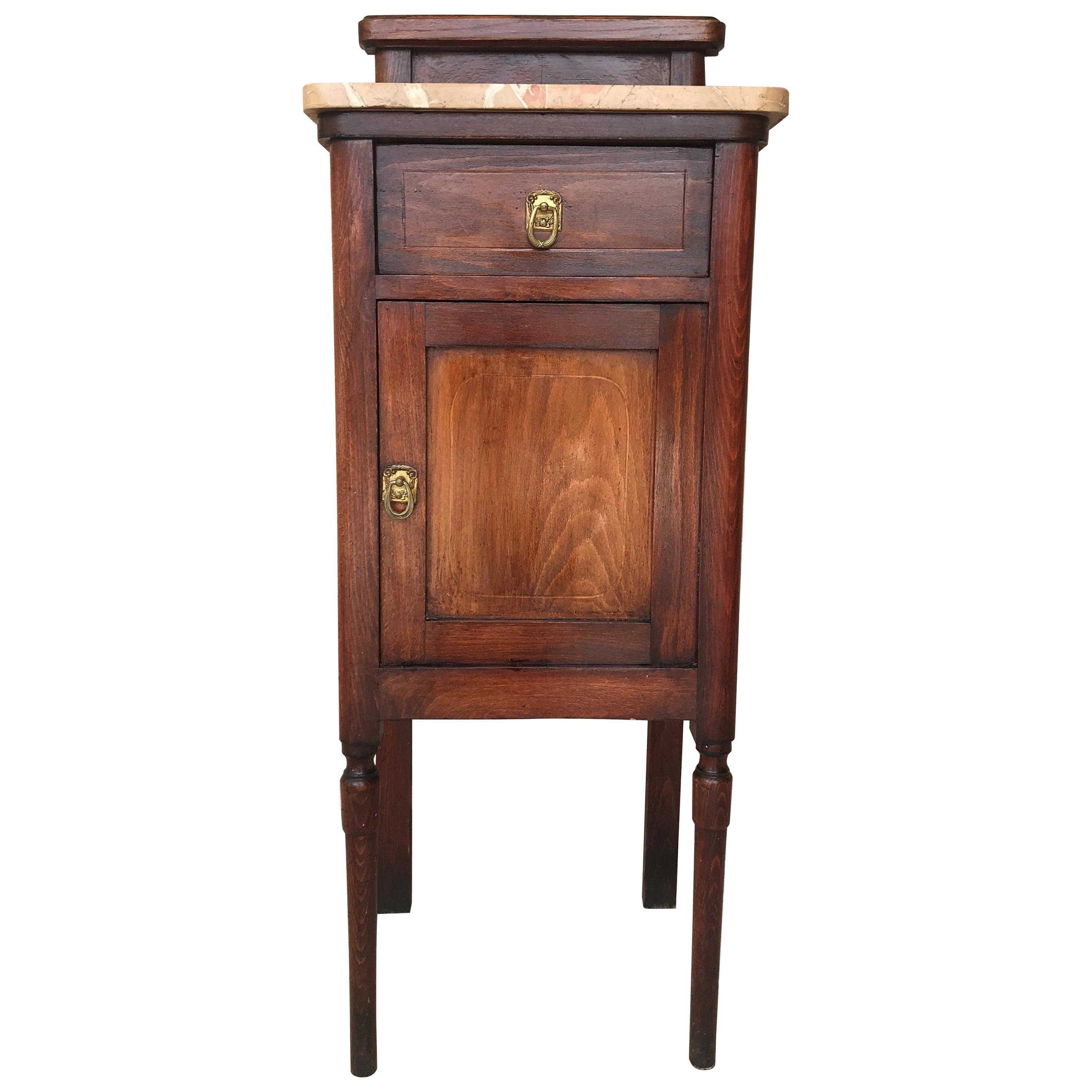 Art Nouveau Walnut Nightstand with Crest, Marble Top and Glass Shelve