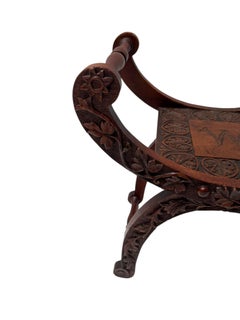 Art Nouveau Walnut Savonarola Hand-Carved Stool, 1900s