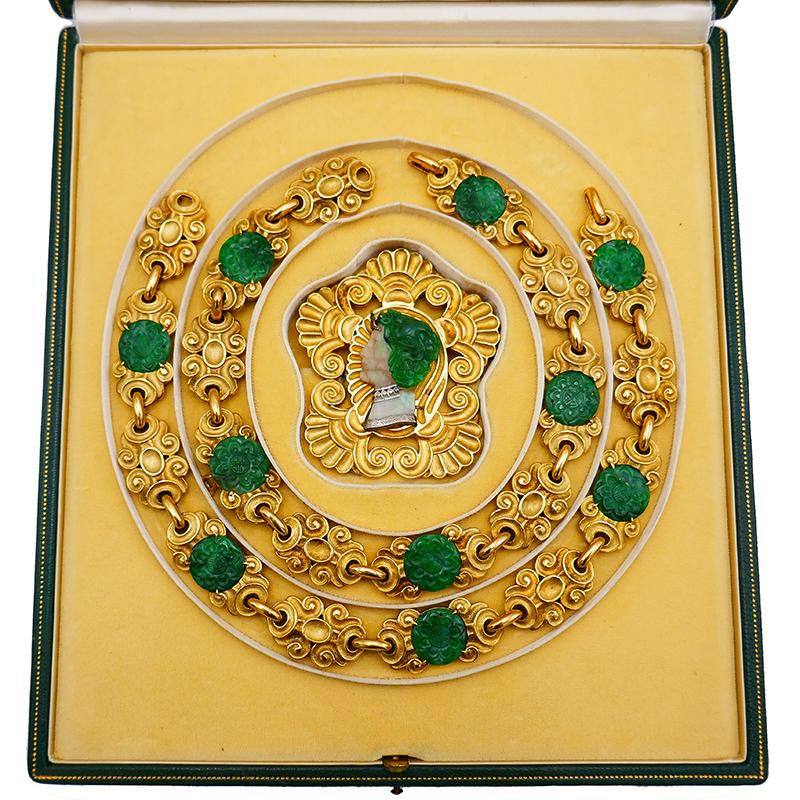 Wander France, collier broche et pendentif en or 18 carats et jade, style Art nouveau Bon état - En vente à Beverly Hills, CA