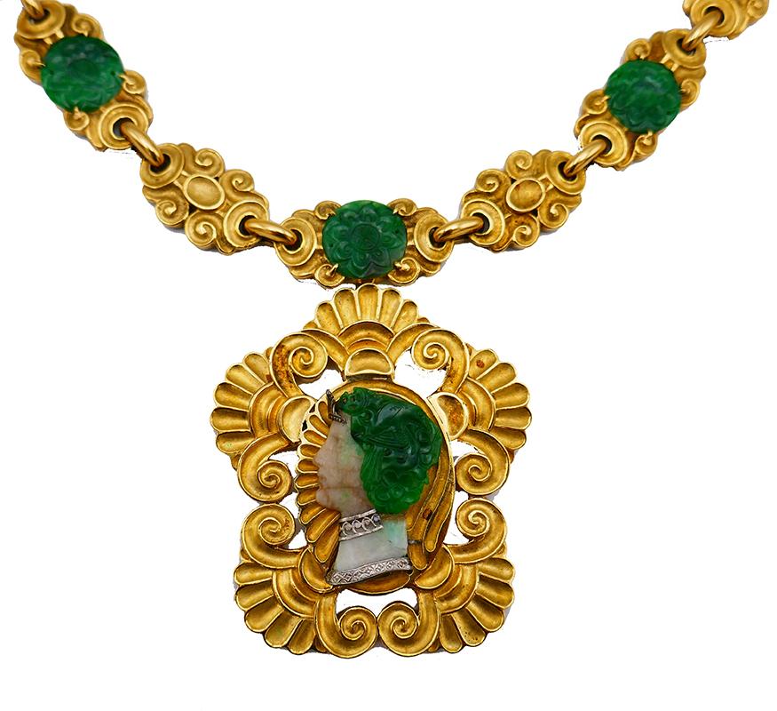 Mixed Cut Art Nouveau Wander France Jade 18k Gold Necklace Brooch Pendant For Sale