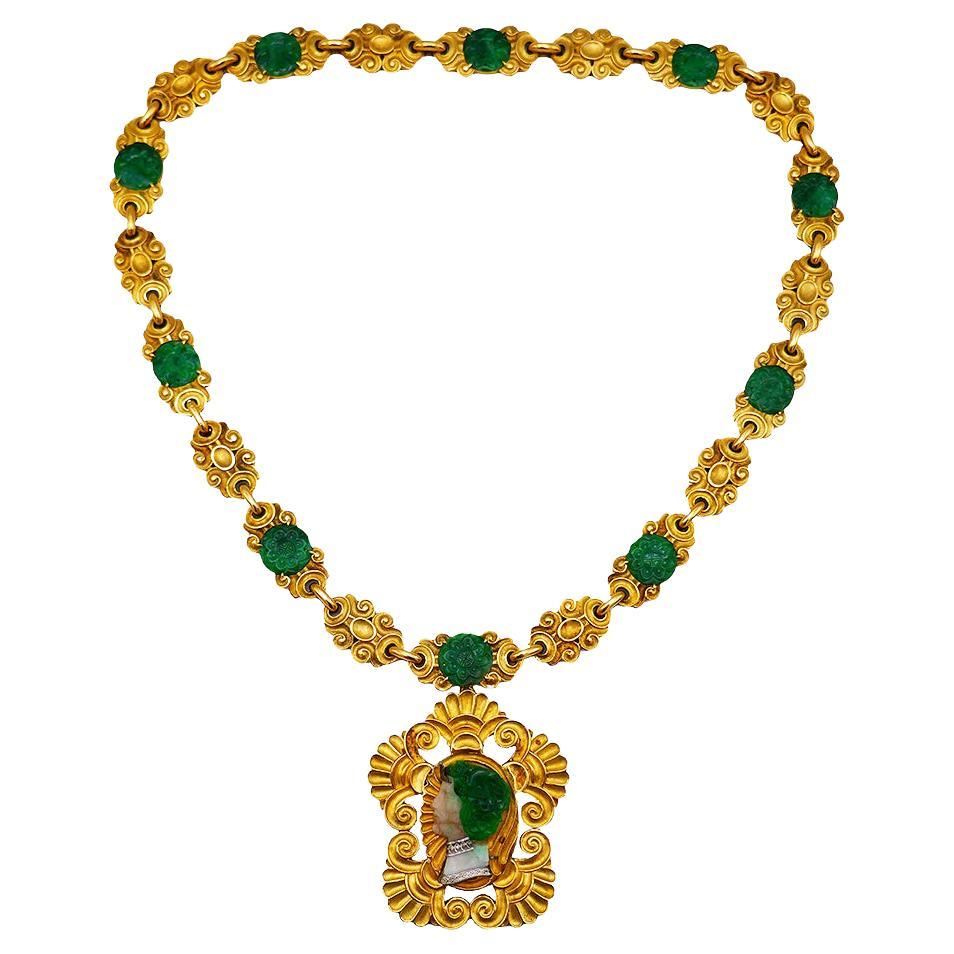 Jugendstil Wander Frankreich Jade 18k Gold Halskette Brosche Anhänger