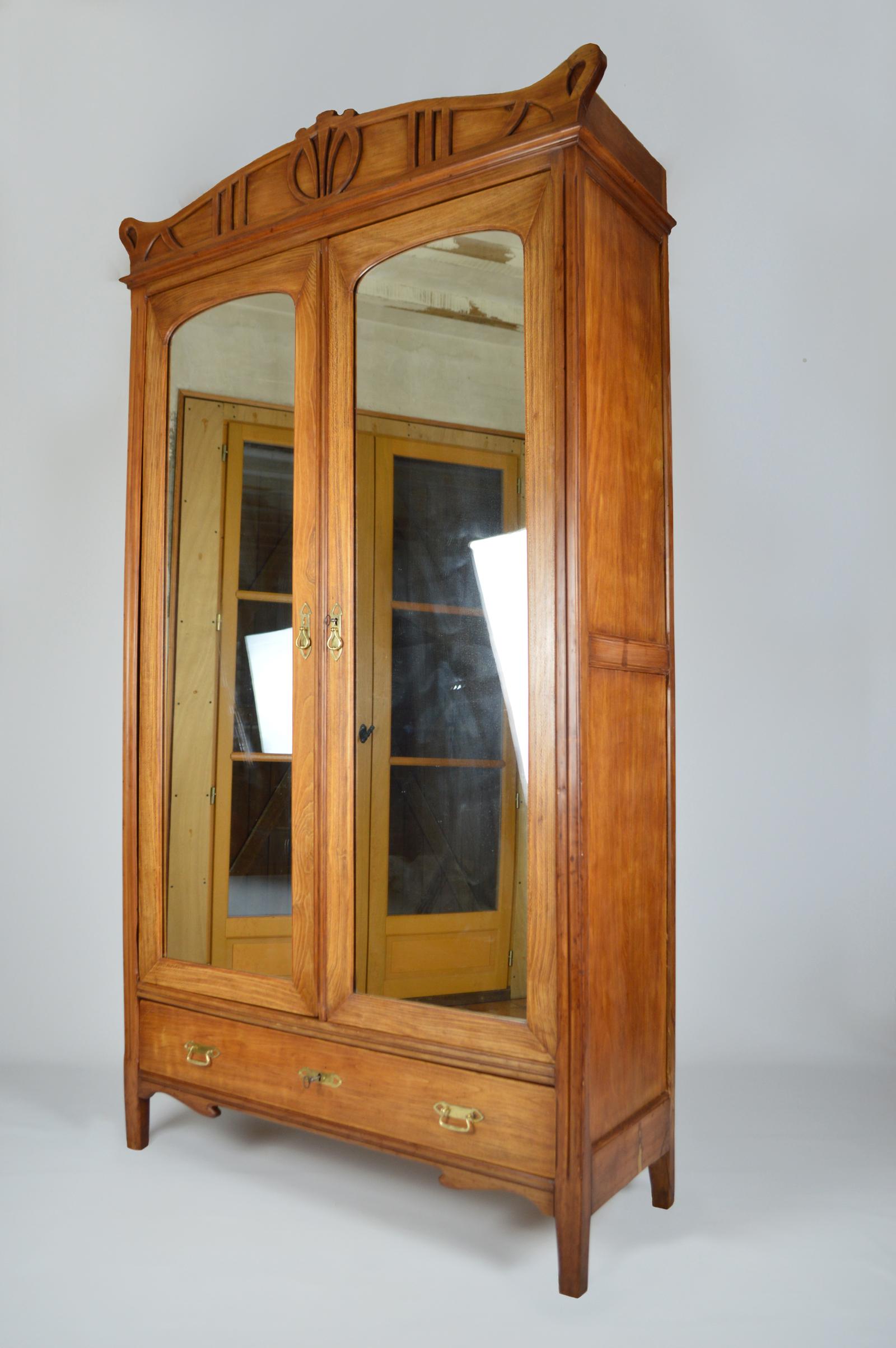 French Art Nouveau Wardrobe / Armoire in Carved Fruit Wood, France, circa 1910