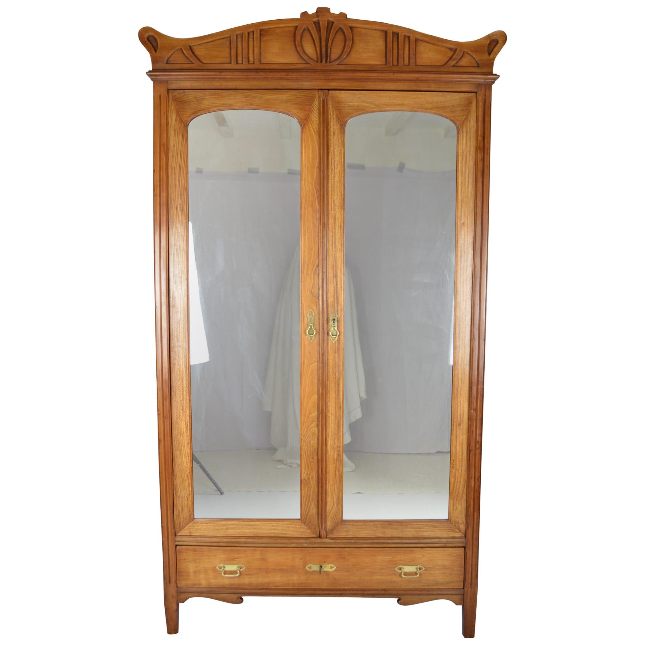Art Nouveau Wardrobe / Armoire in Carved Fruit Wood, France, circa 1910