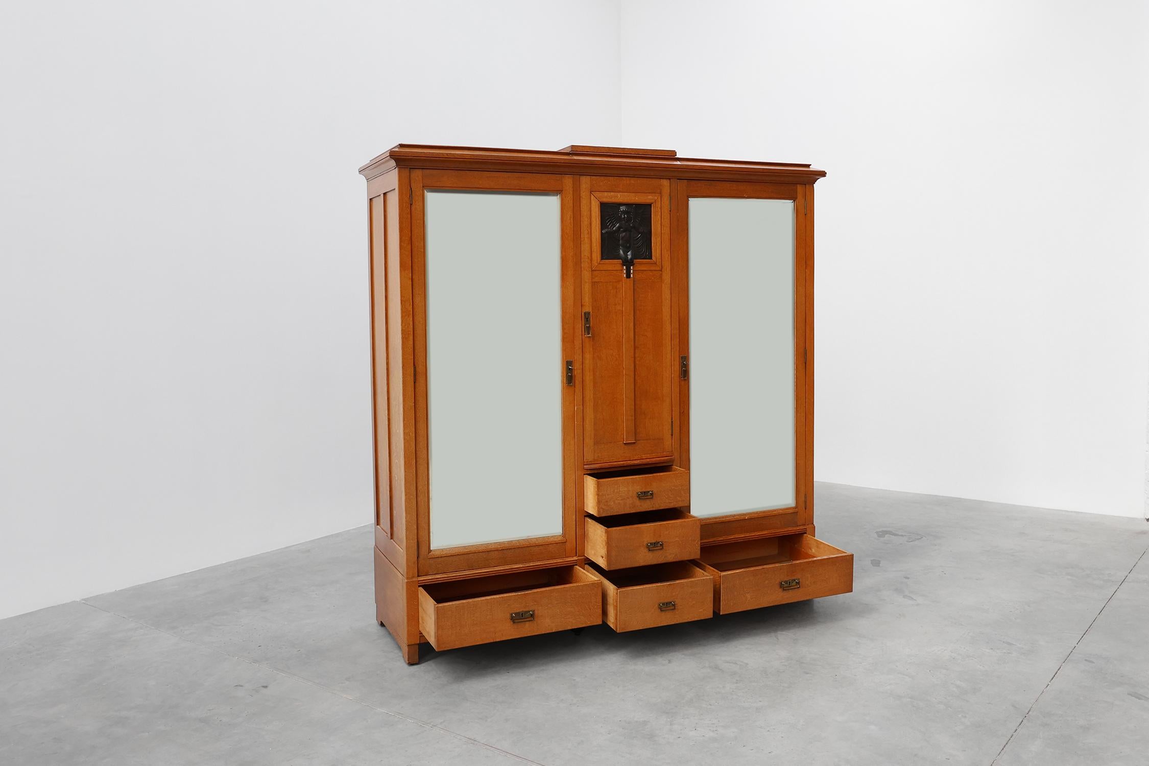 Art Nouveau wardrobe attr. to De Coene with artwork by Geo Verbanck, Belgium For Sale 5