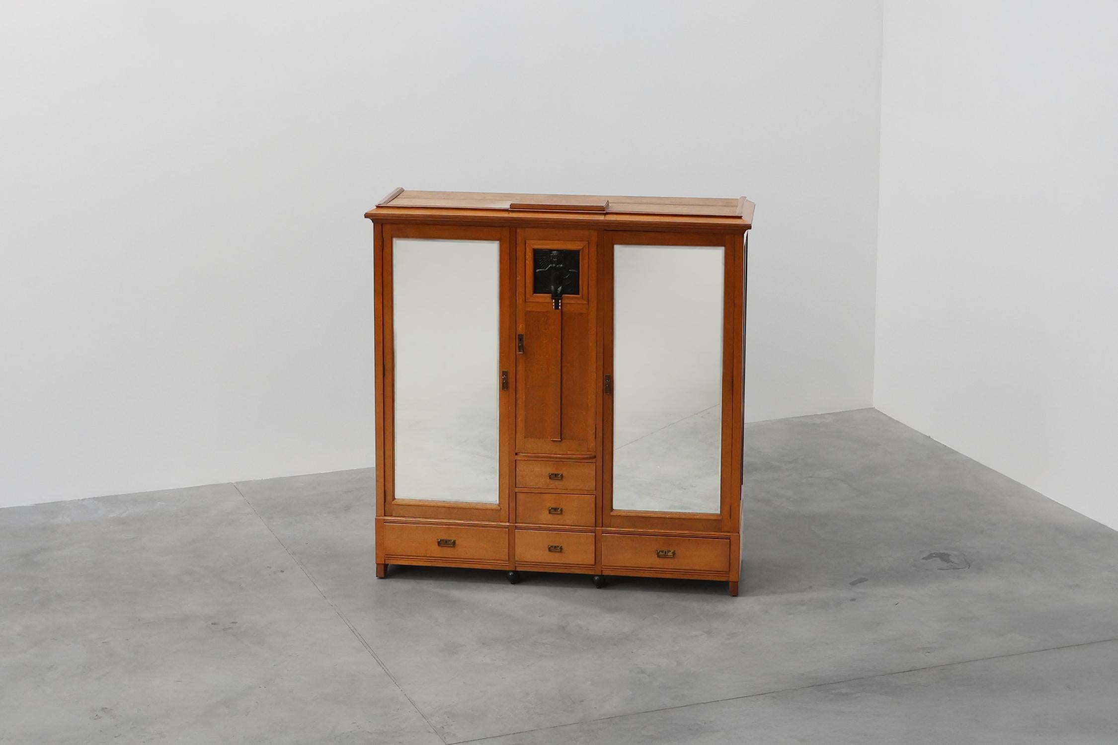 Art Nouveau wardrobe attr. to De Coene with artwork by Geo Verbanck, Belgium For Sale 12