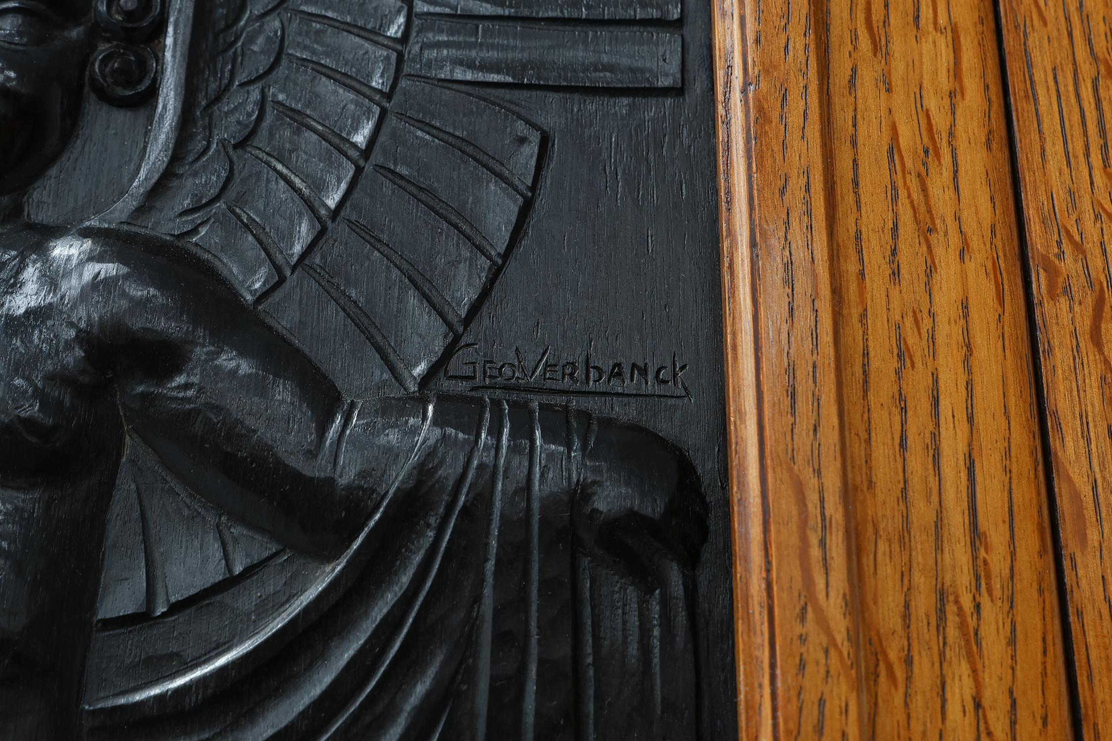 Beveled Art Nouveau wardrobe attr. to De Coene with artwork by Geo Verbanck, Belgium For Sale