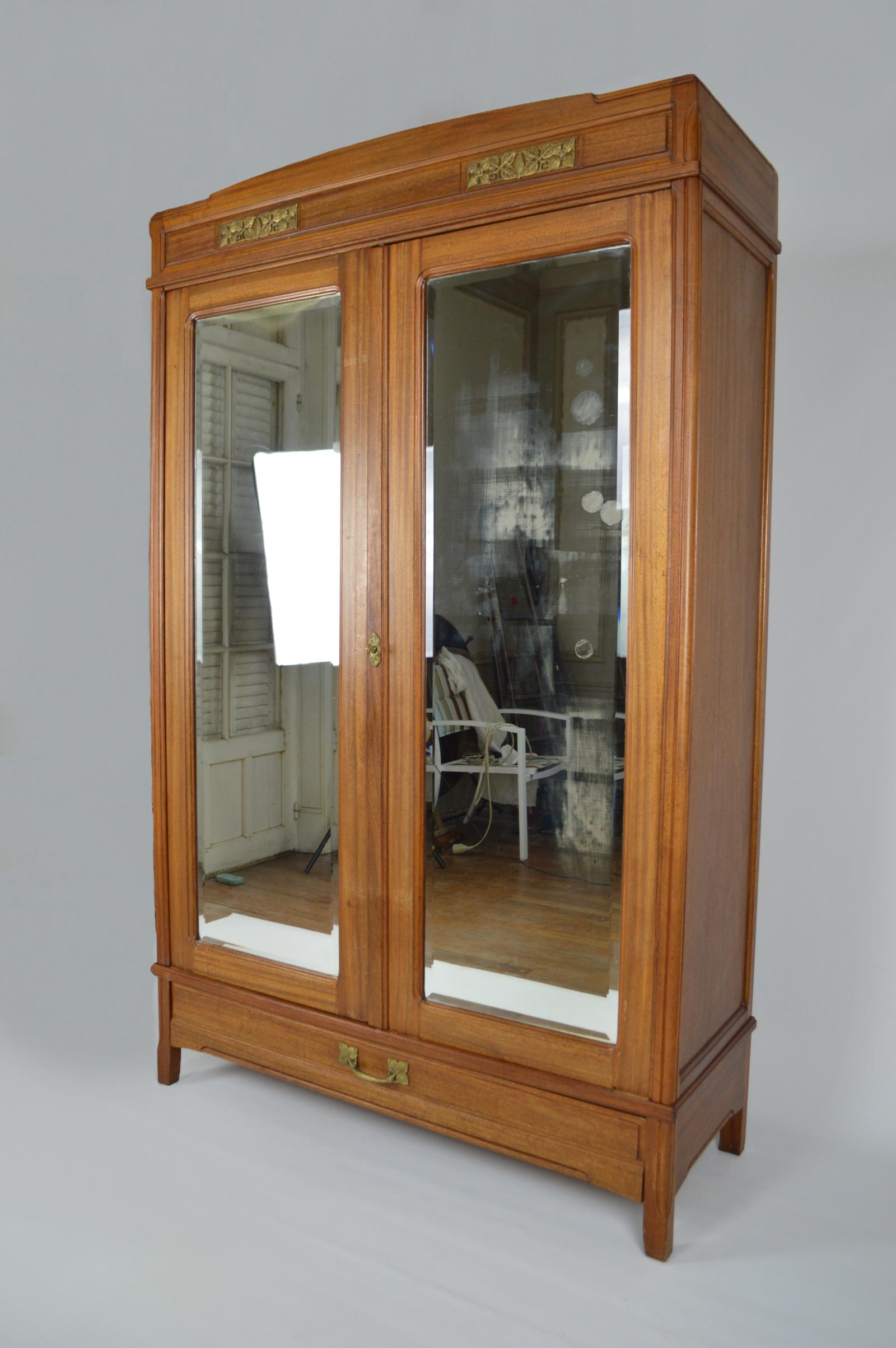 French Art Nouveau Wardrobe by Mathieu Gallerey in Mahogany, Clematis model, circa 1920 For Sale