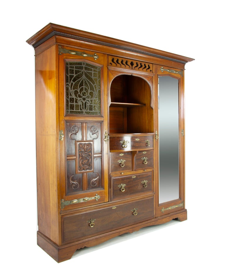 Art Nouveau Wardrobe, Vintage Armoire, Stained Glass, Scotland, 1895